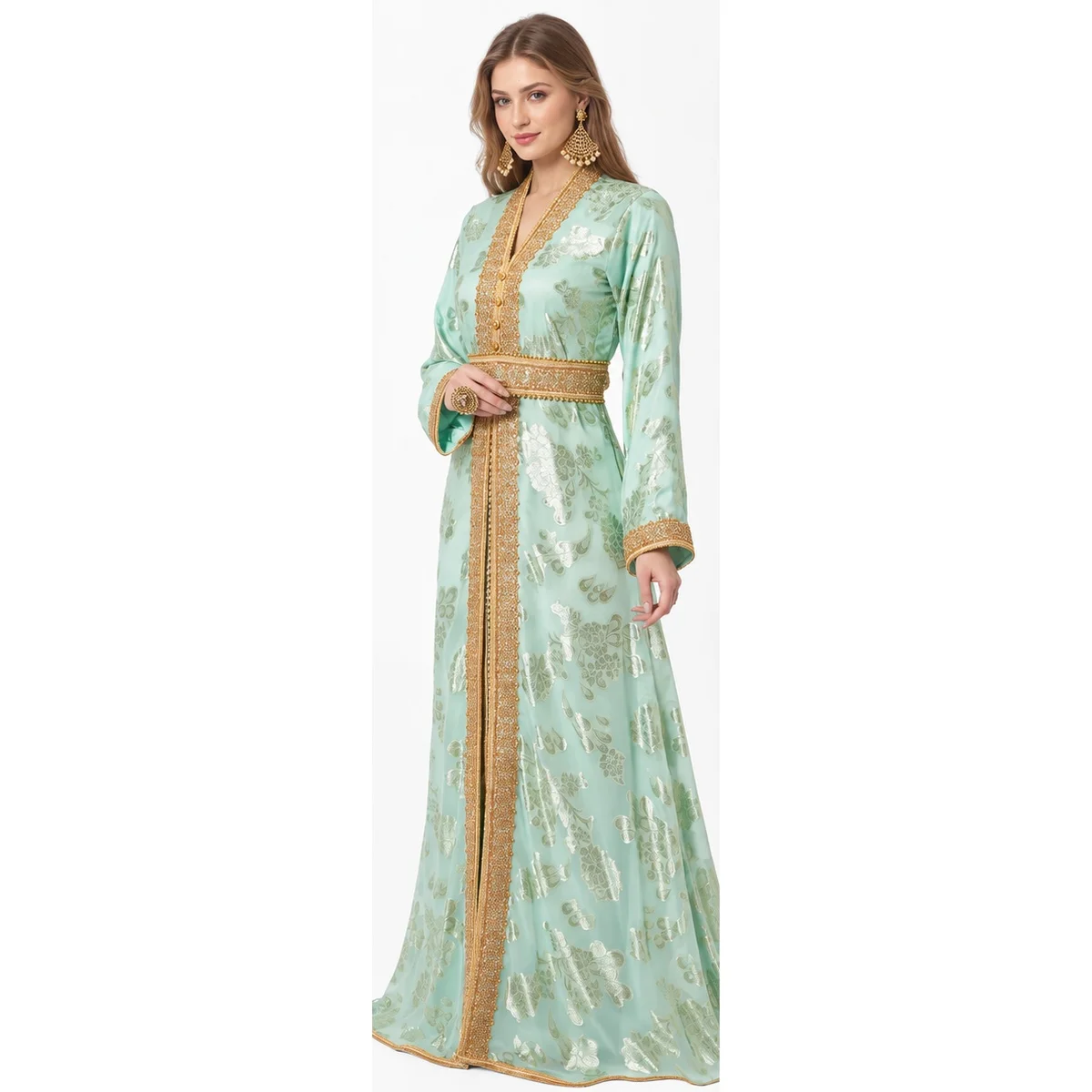 Light Turquoise Jellebiya Dress with Gold Crystal Beads - Image 2