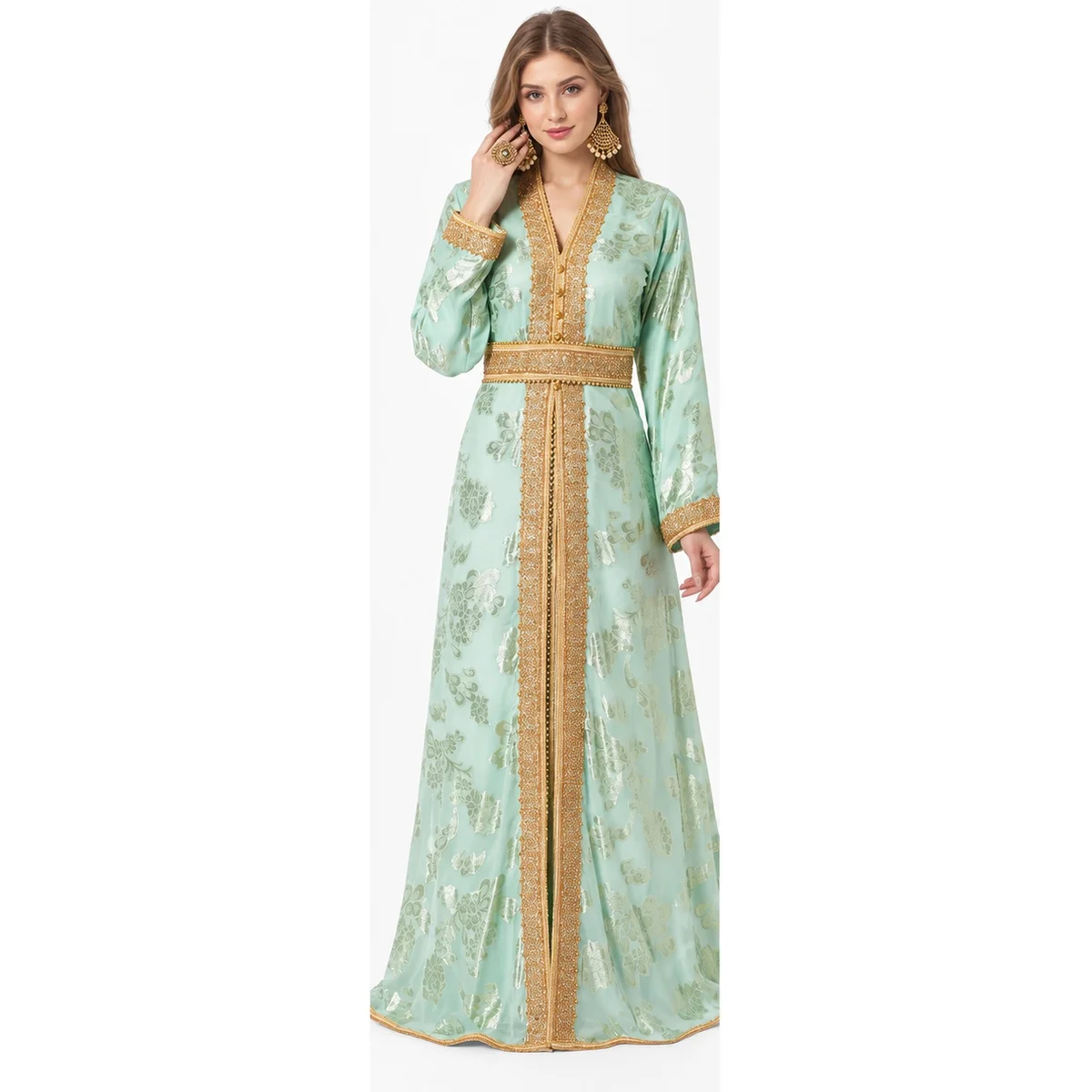 Light Turquoise Jellebiya Dress with Gold Crystal Beads - Image 3