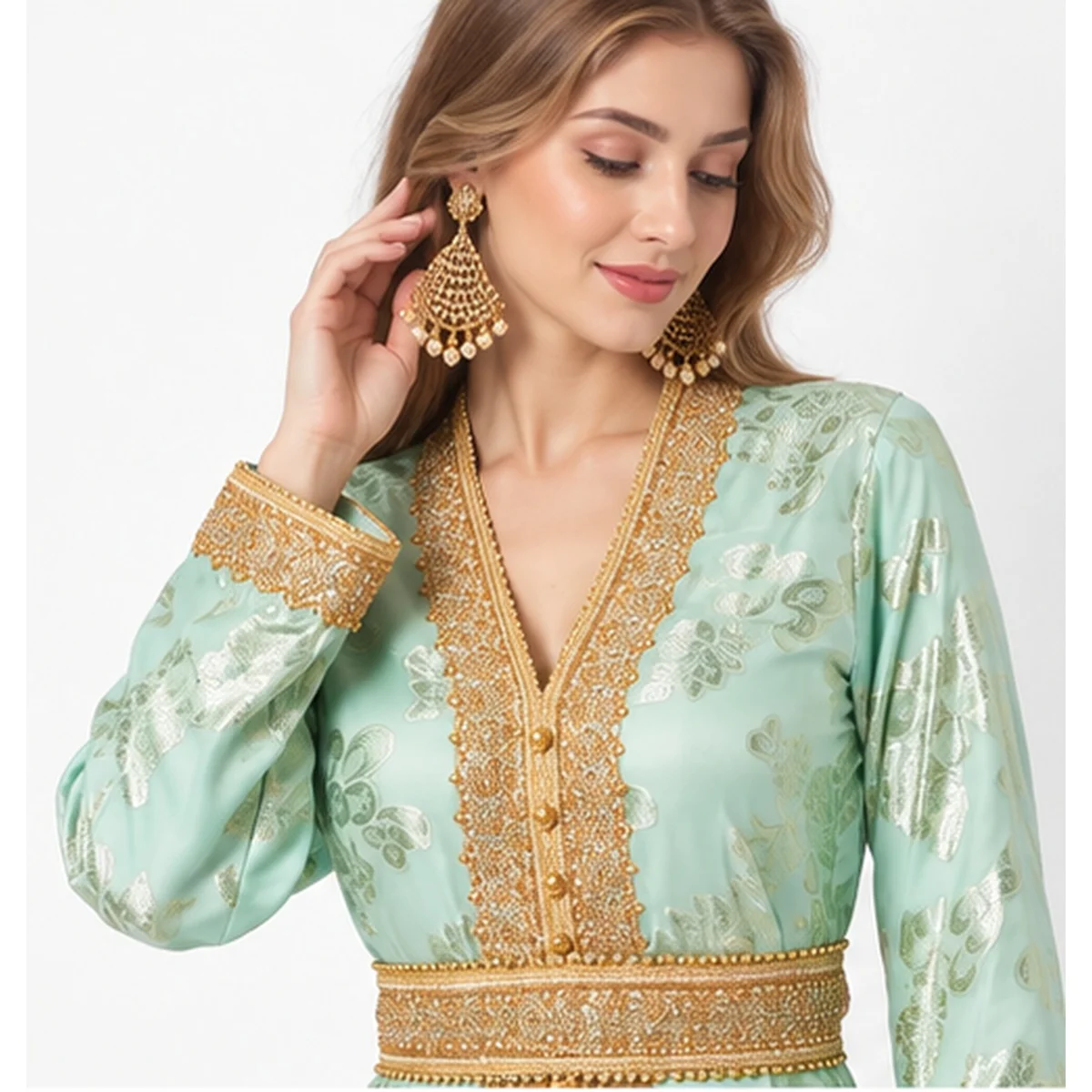 Light Turquoise Jellebiya Dress with Gold Crystal Beads