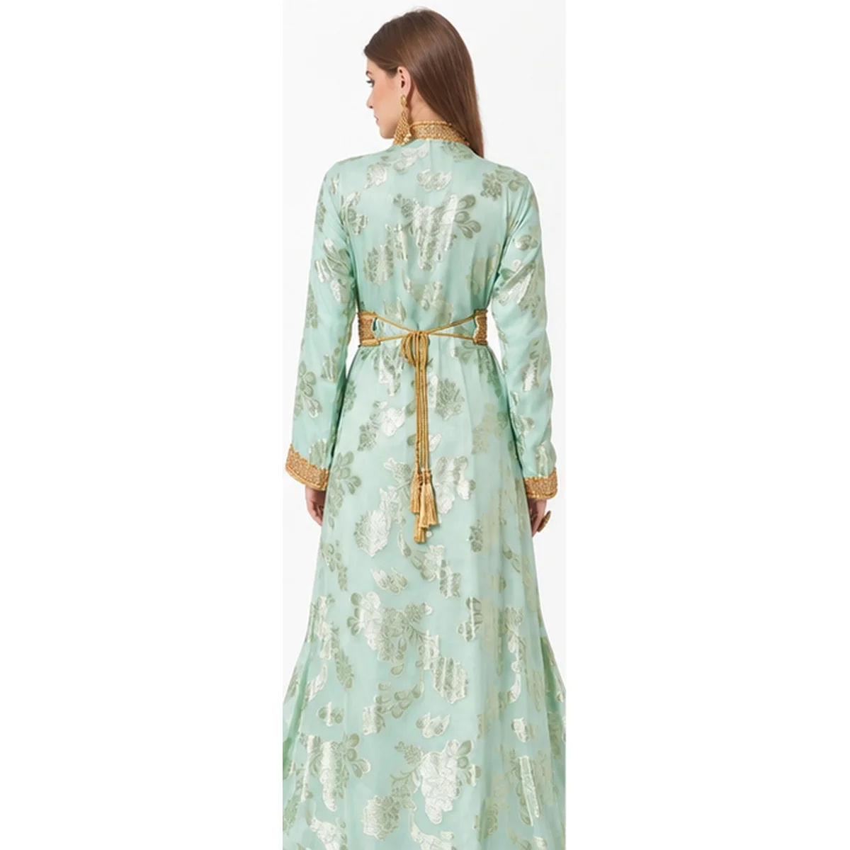 Light Turquoise Jellebiya Dress with Gold Crystal Beads - Image 4