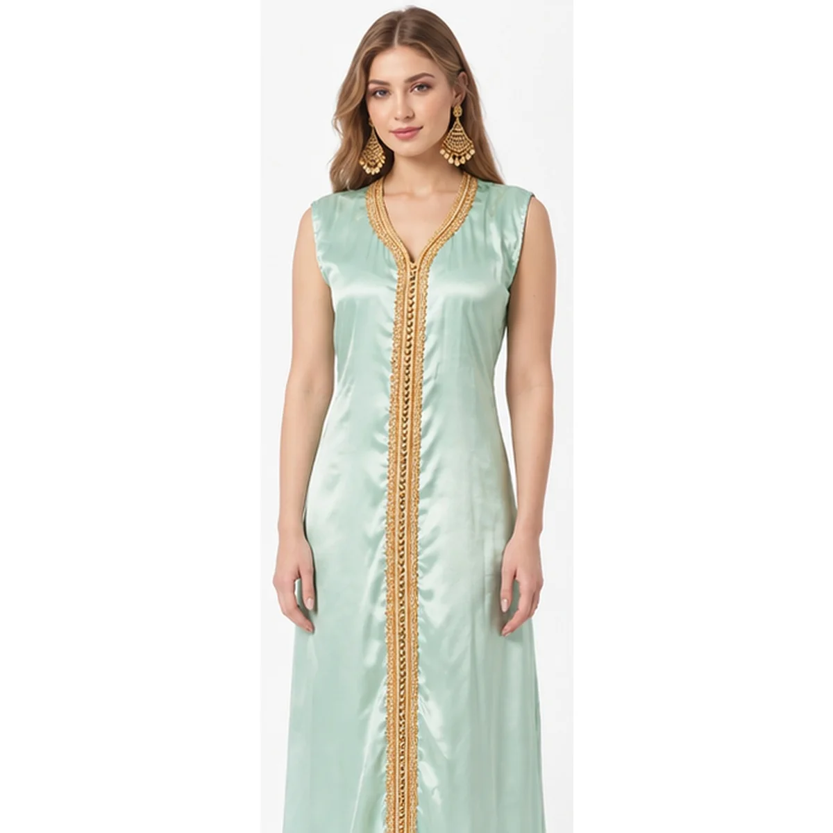 Light Turquoise Jellebiya Dress with Gold Crystal Beads - Image 5