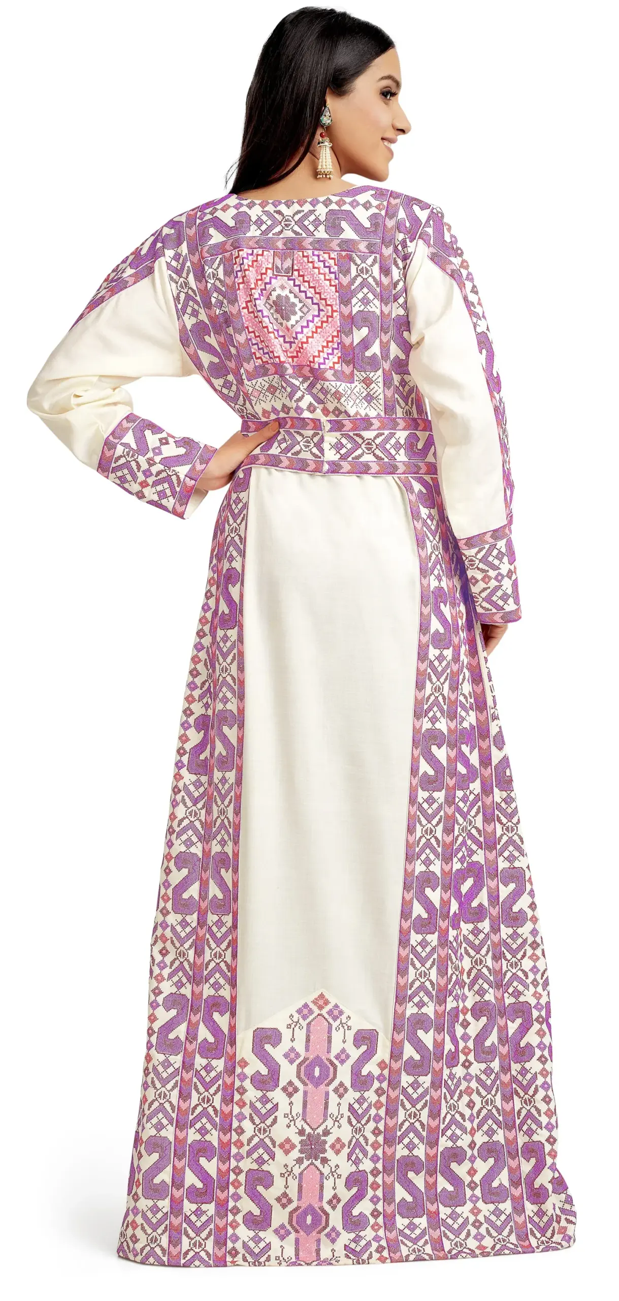 Cream Rayon Cross-Stitch Kaftan Dress with Matching Belt - Image 2