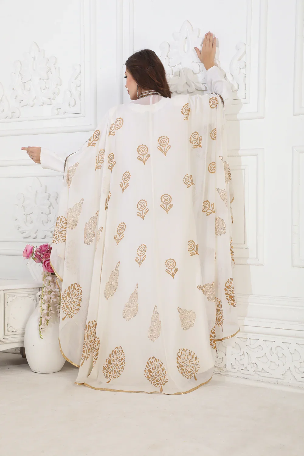 White Flowy Arabic Kaftan Dress with Gold Embroidery - Image 2