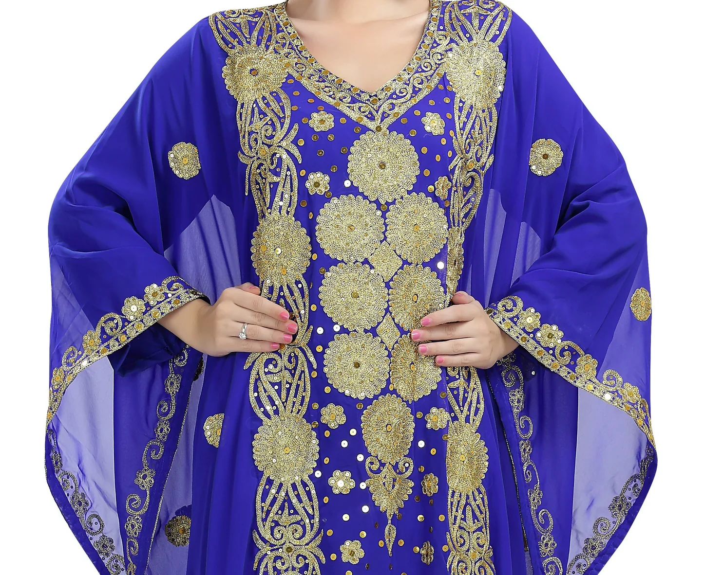 Royal Blue Arabian Maxi Dress with Golden Aari Embroidery - Image 2