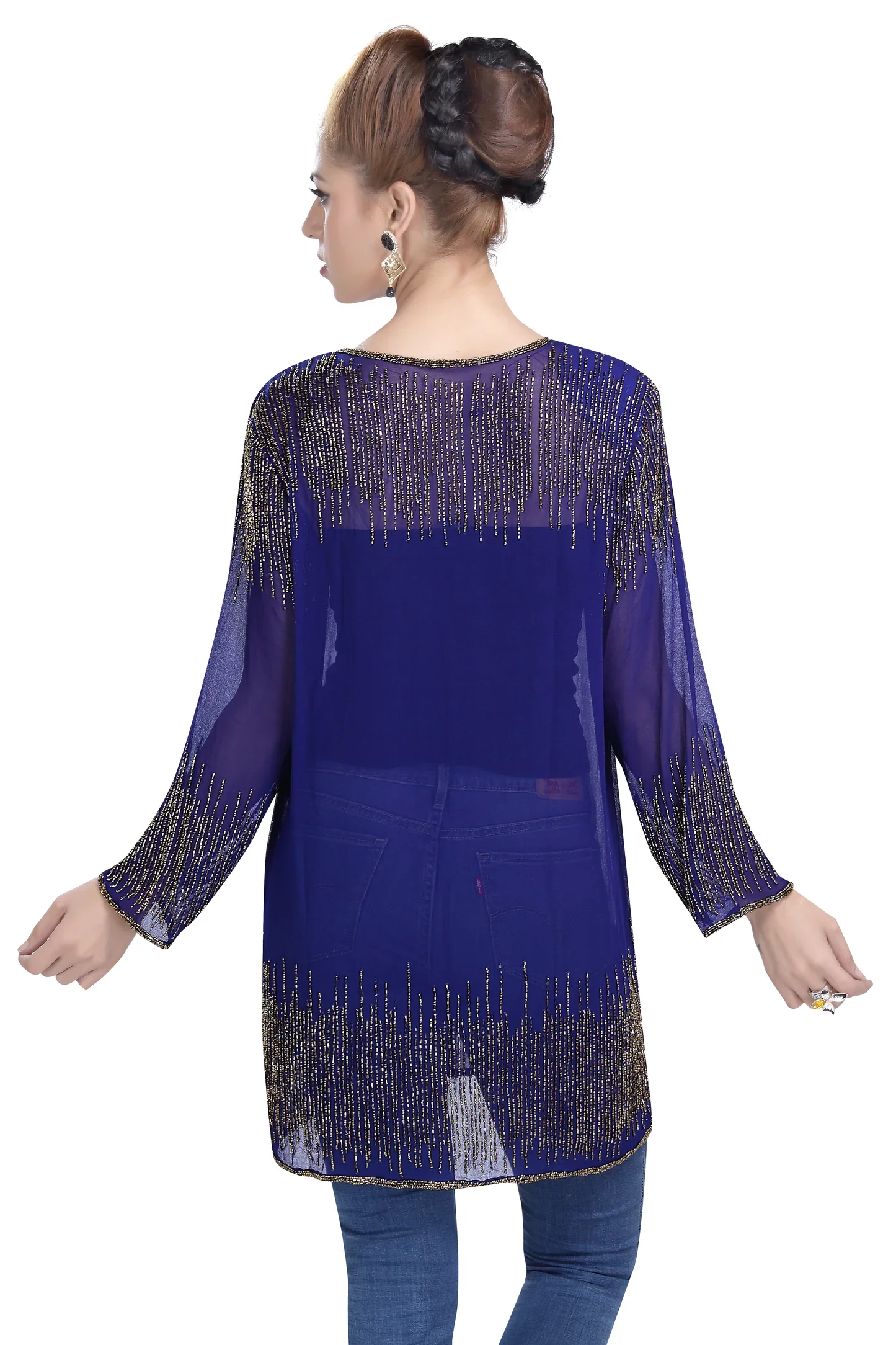 Navy Blue Georgette Party Dress with Golden Hand Embroidery - Image 2