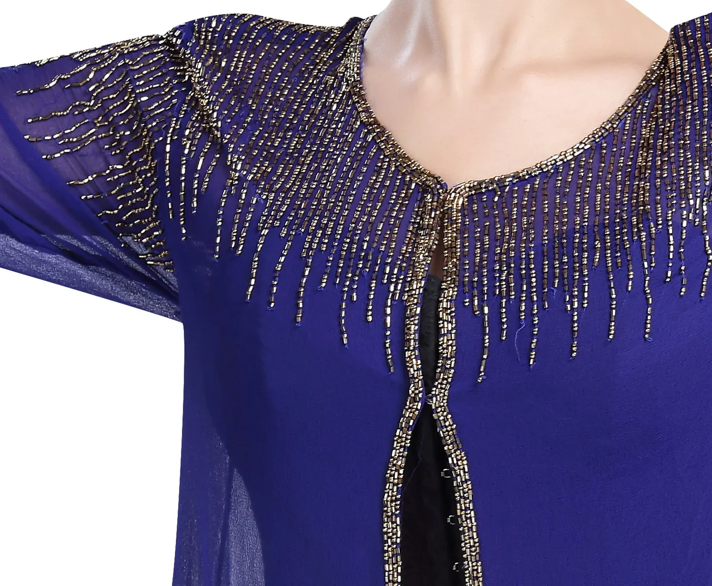 Navy Blue Georgette Party Dress with Golden Hand Embroidery - Image 3