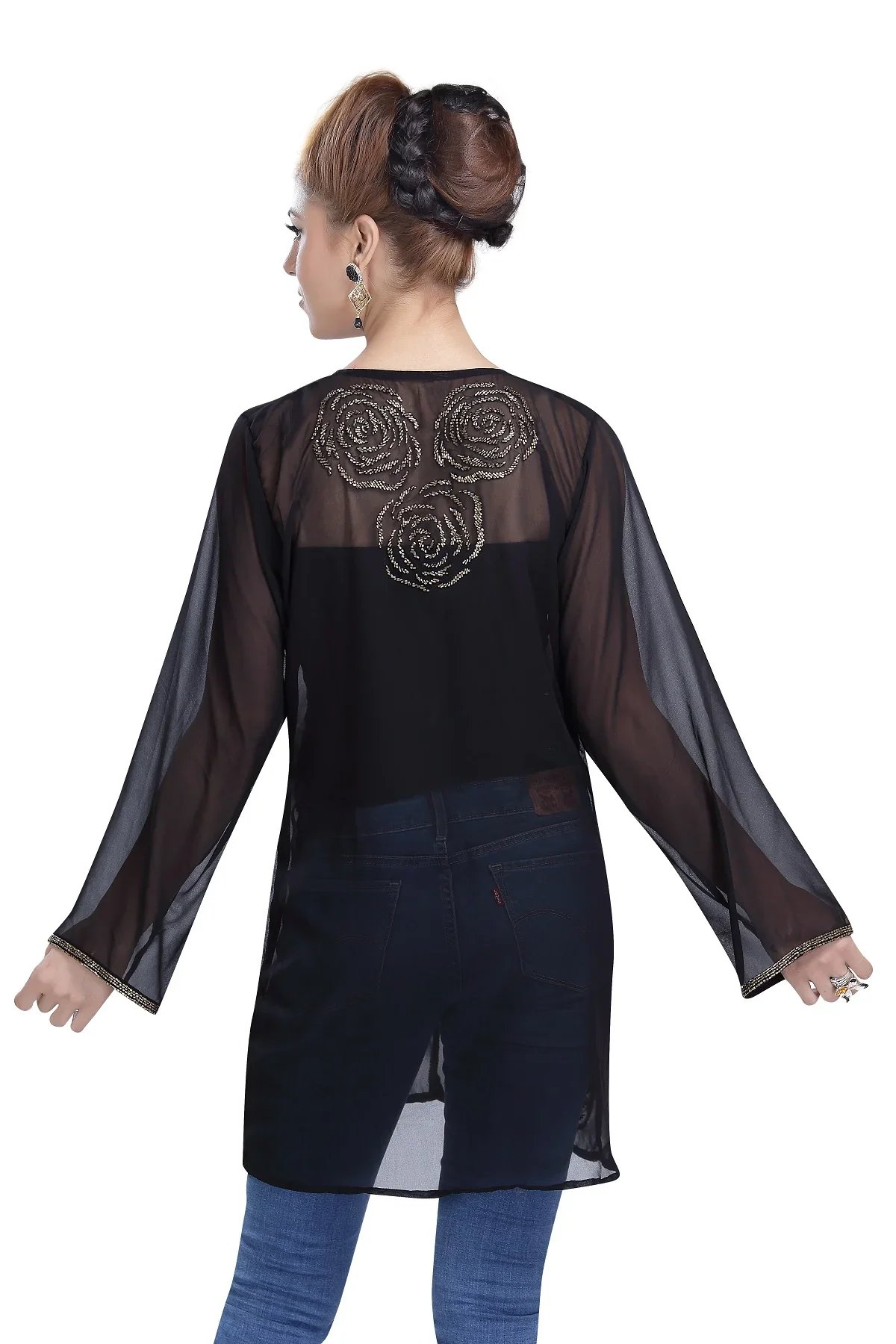 Black Georgette Party Dress with Golden Bead Embellishment - Image 2