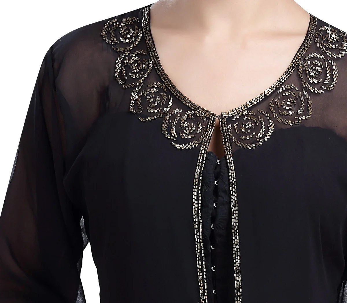 Black Georgette Party Dress with Golden Bead Embellishment - Image 3