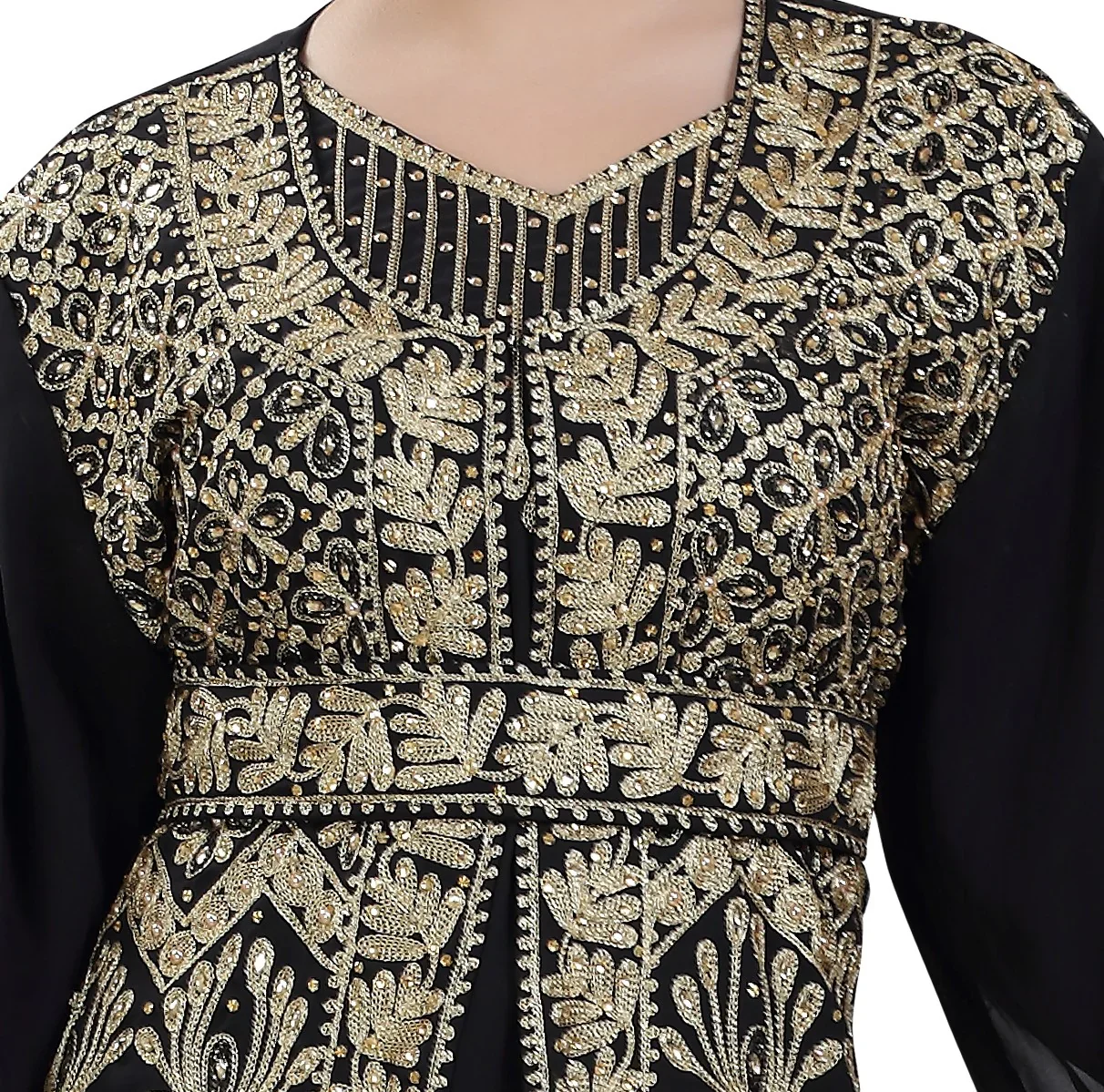Black Arabian Walima Kaftan Gown with Golden Crystal Embroidery - Image 2