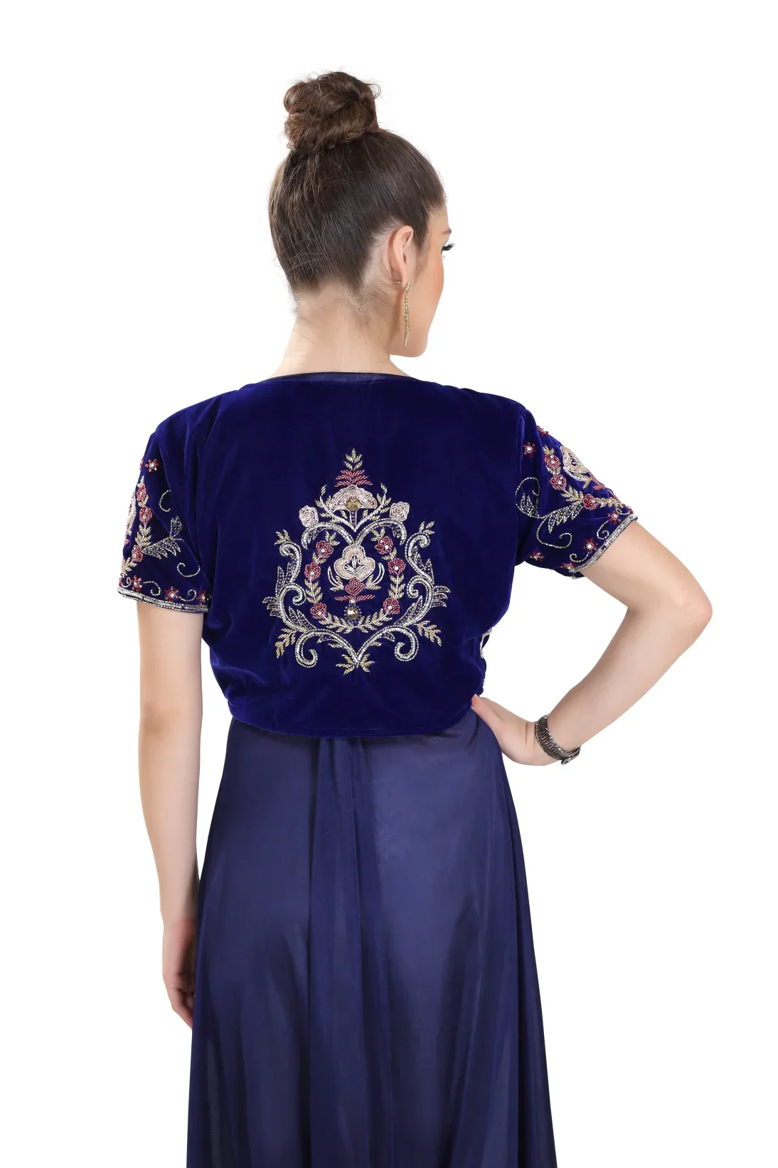 Navy Blue Velvet Bolero Jacket Set with Beaded Embroidery - Image 2