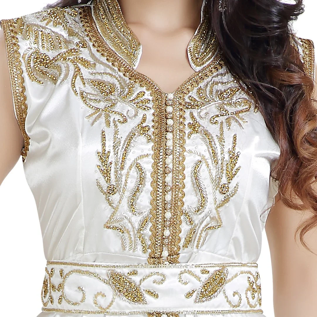 Cream Satin Kaftan Dress with Gold and Silver Beadwork - Image 2