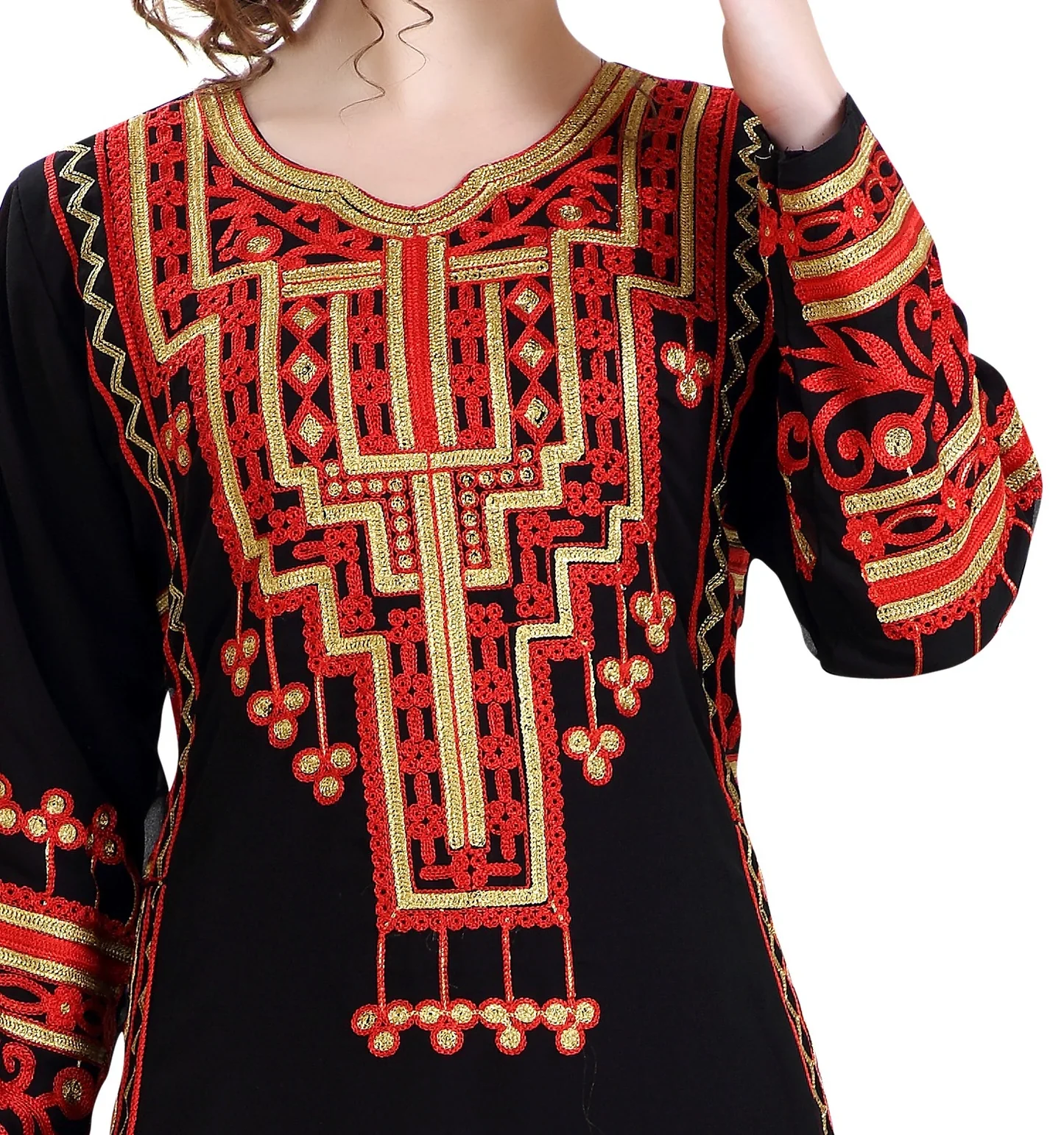 Black Farasha Maxi Dress with Gold & Red Embroidery