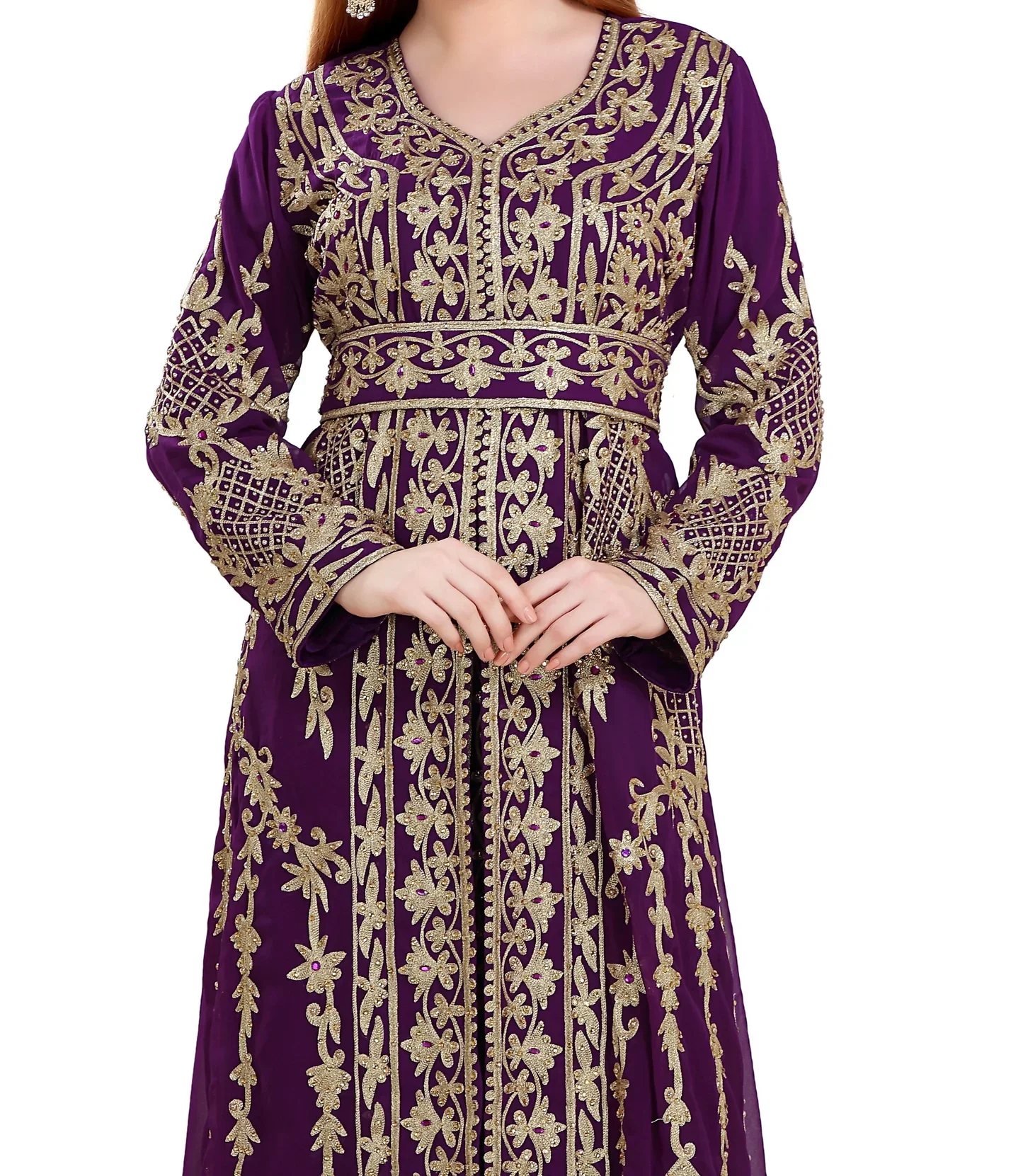 Purple Arabian Designer Caftan Gown with Golden Embroidery - Image 9