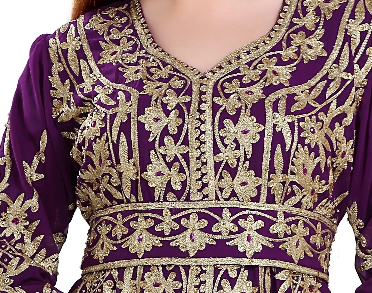 Purple Arabian Designer Caftan Gown with Golden Embroidery - Image 8