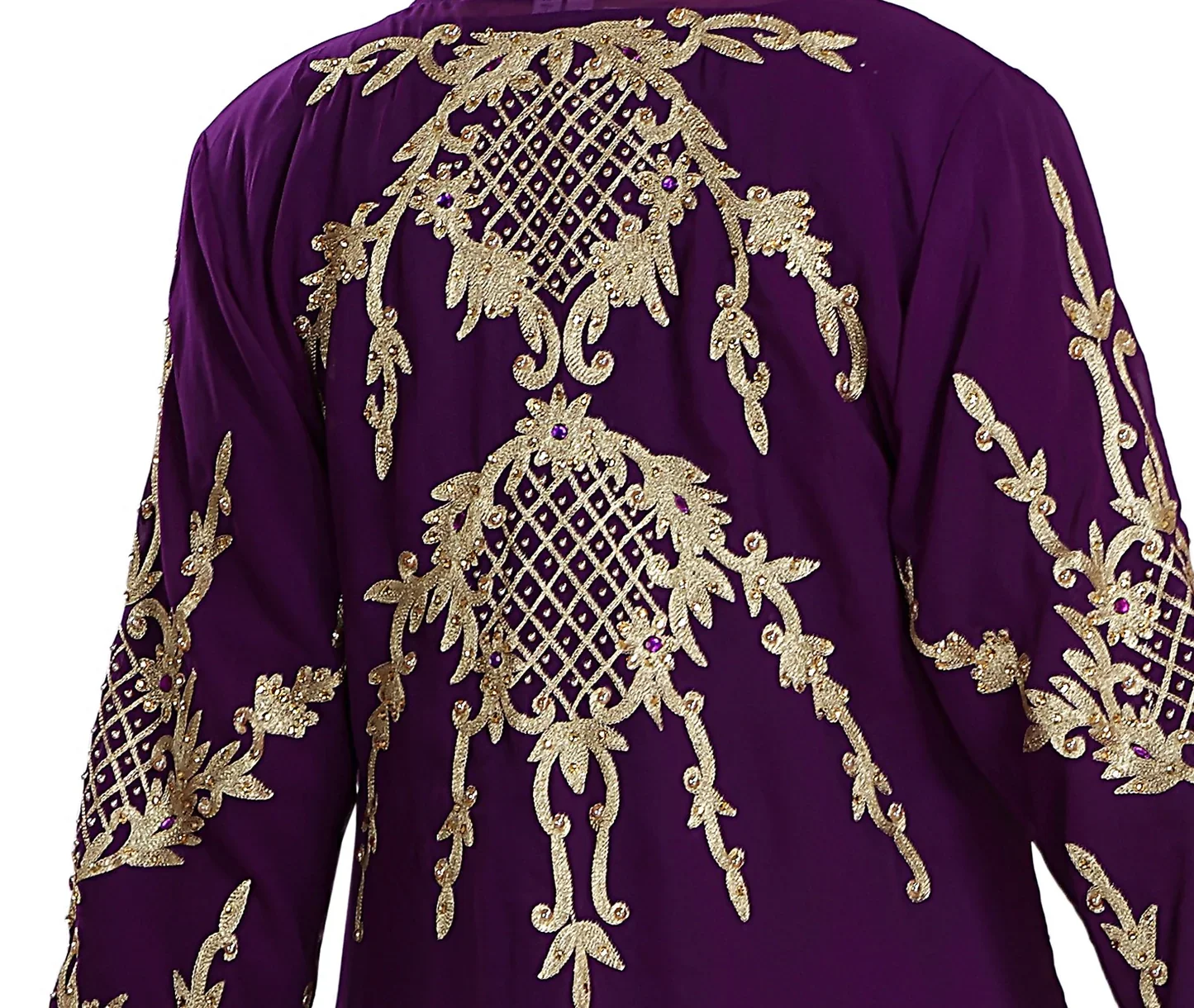 Purple Arabian Designer Caftan Gown with Golden Embroidery - Image 7