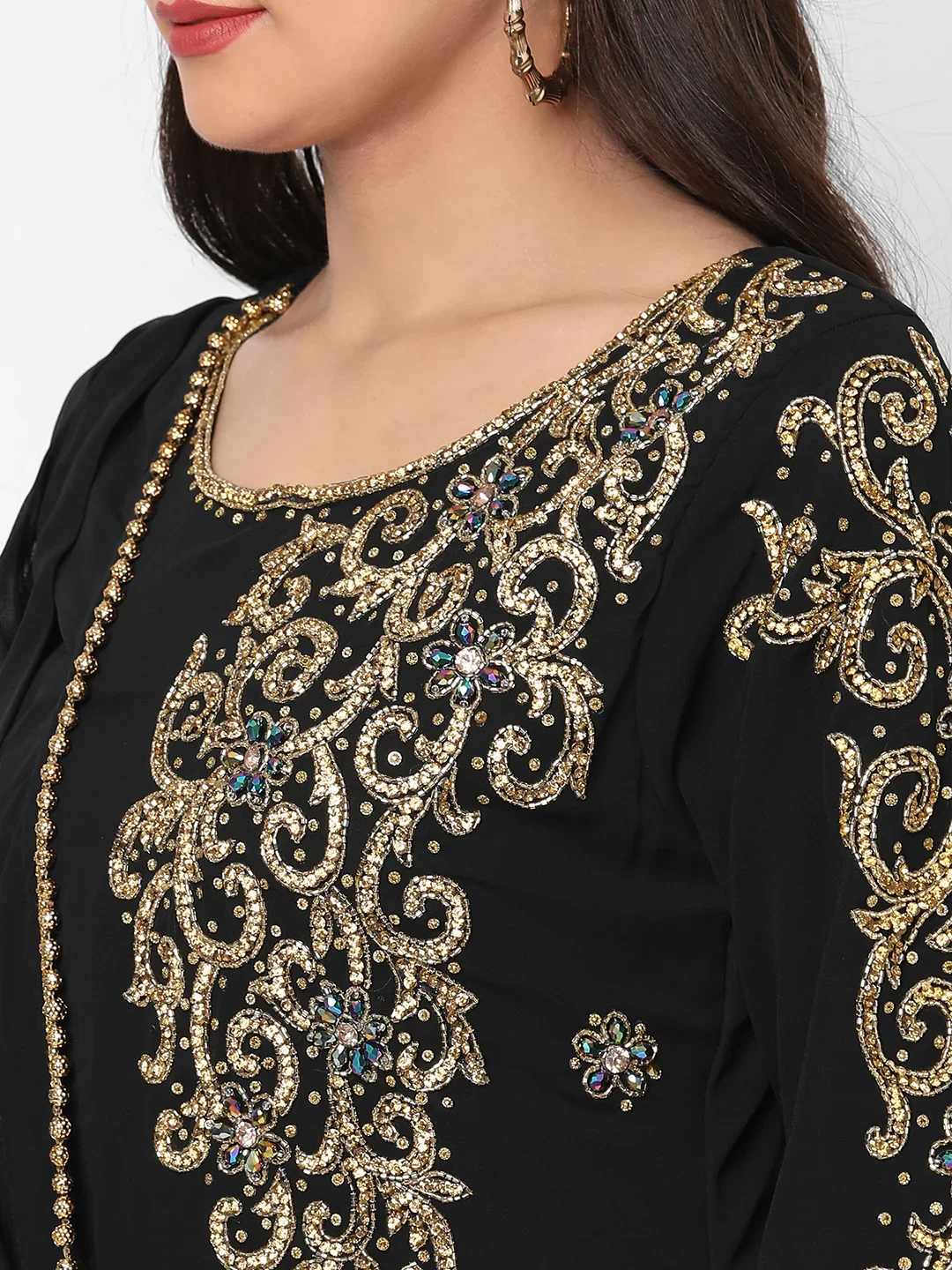 Black Georgette Arabian Jalabiya Gown with Gold Beads - Image 2