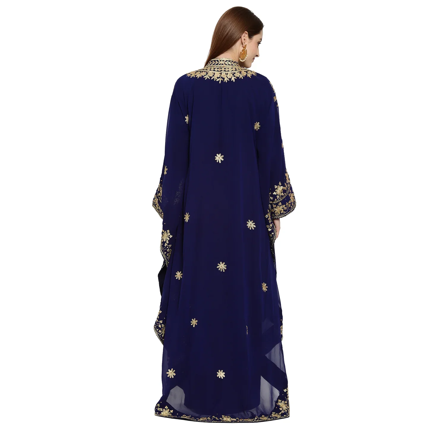 Navy Blue Georgette Evening Gown with Golden Crystal Embroidery - Image 2