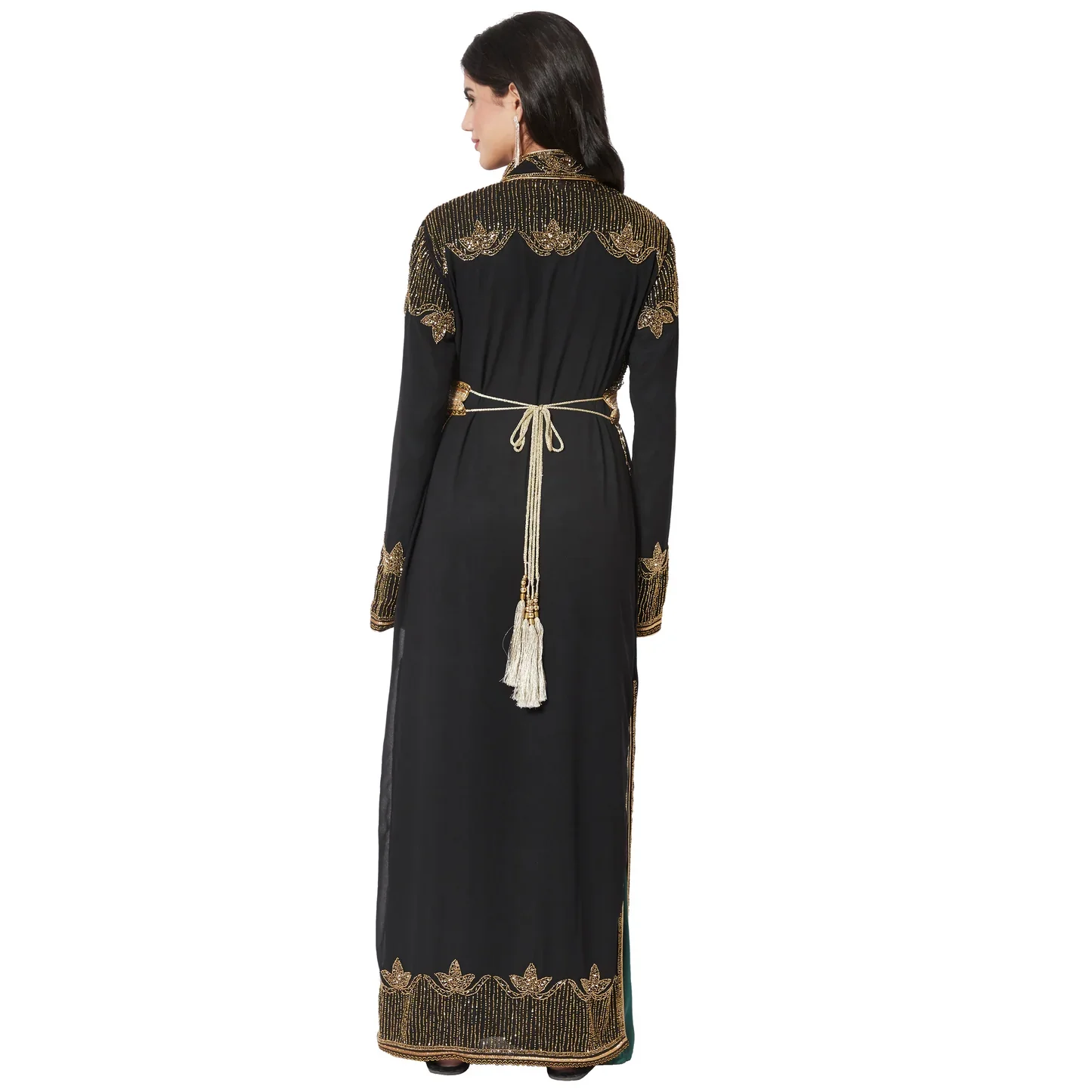 Black and Bottle Green Embroidered 3-Piece Maxi Dress - Image 3