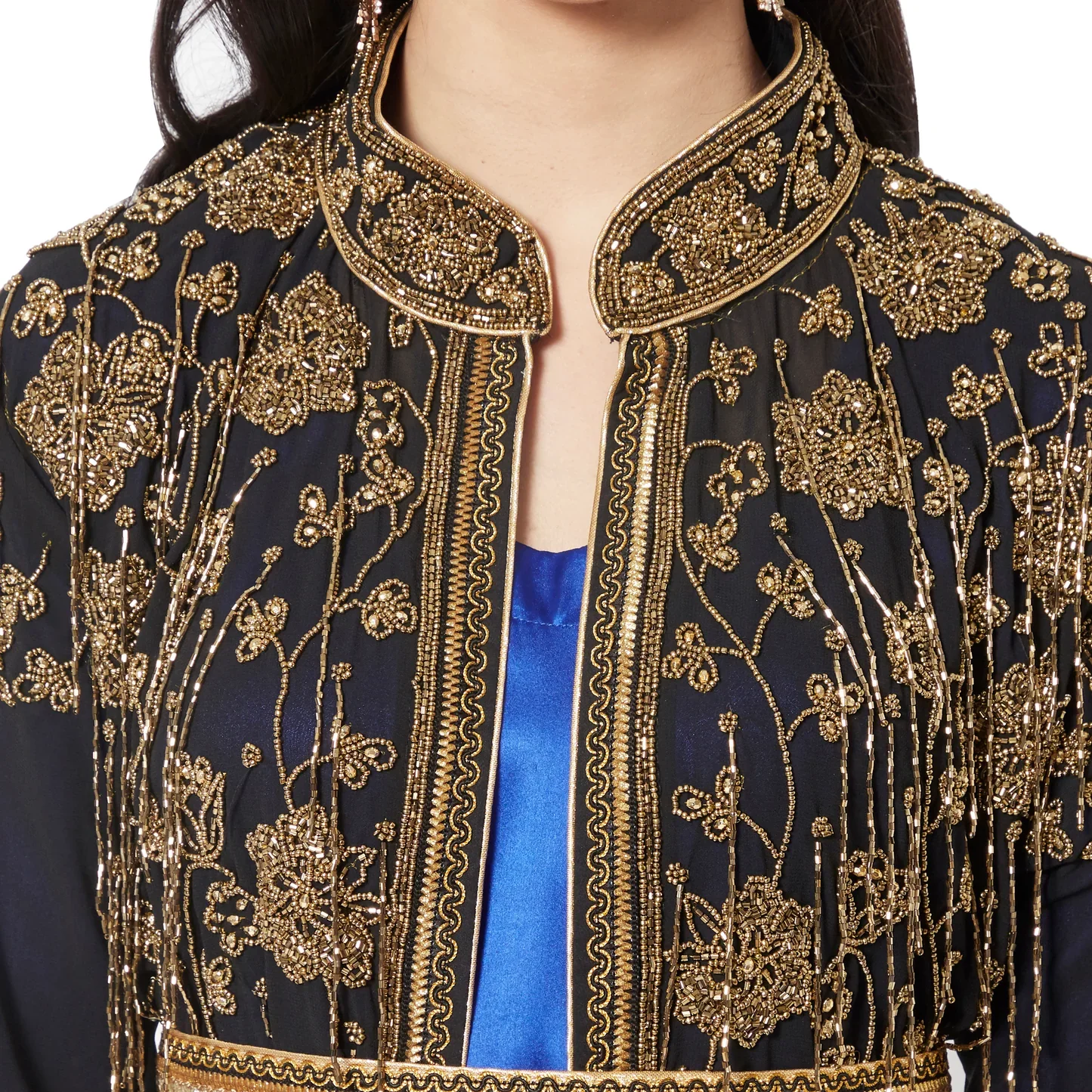 Black and Blue Embroidered Cardigan Gown with Gold Beadwork - Image 2