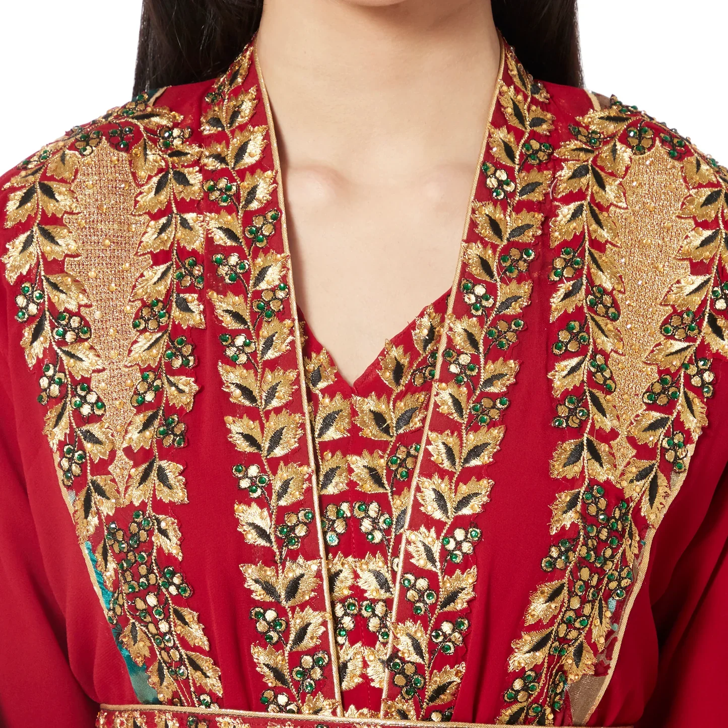 Red Jellabiya Maxi Gown with Traditional Golden Embroidery - Image 2