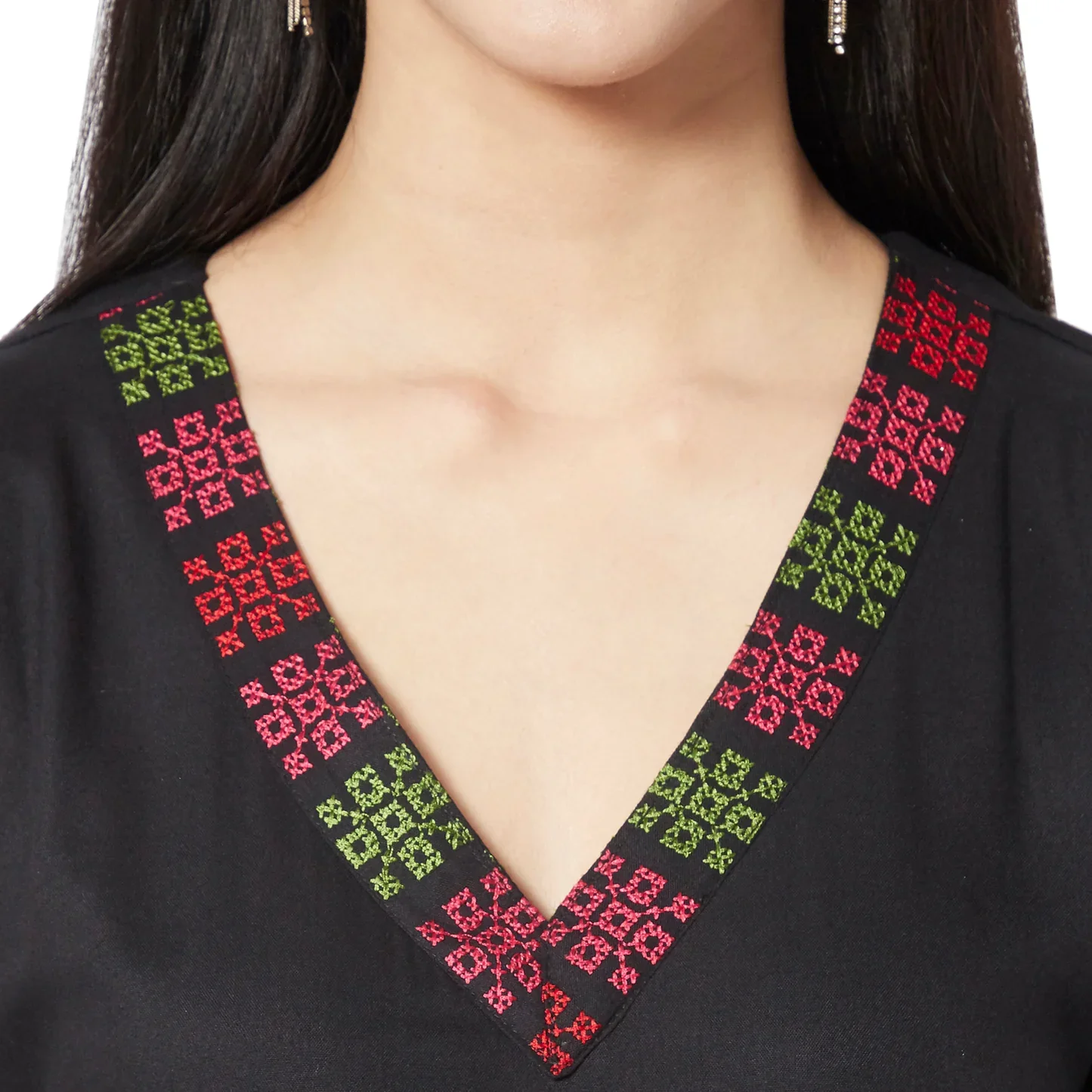 Black Rayon Maxi Dress with Cross-Stitch Embroidery - Image 3