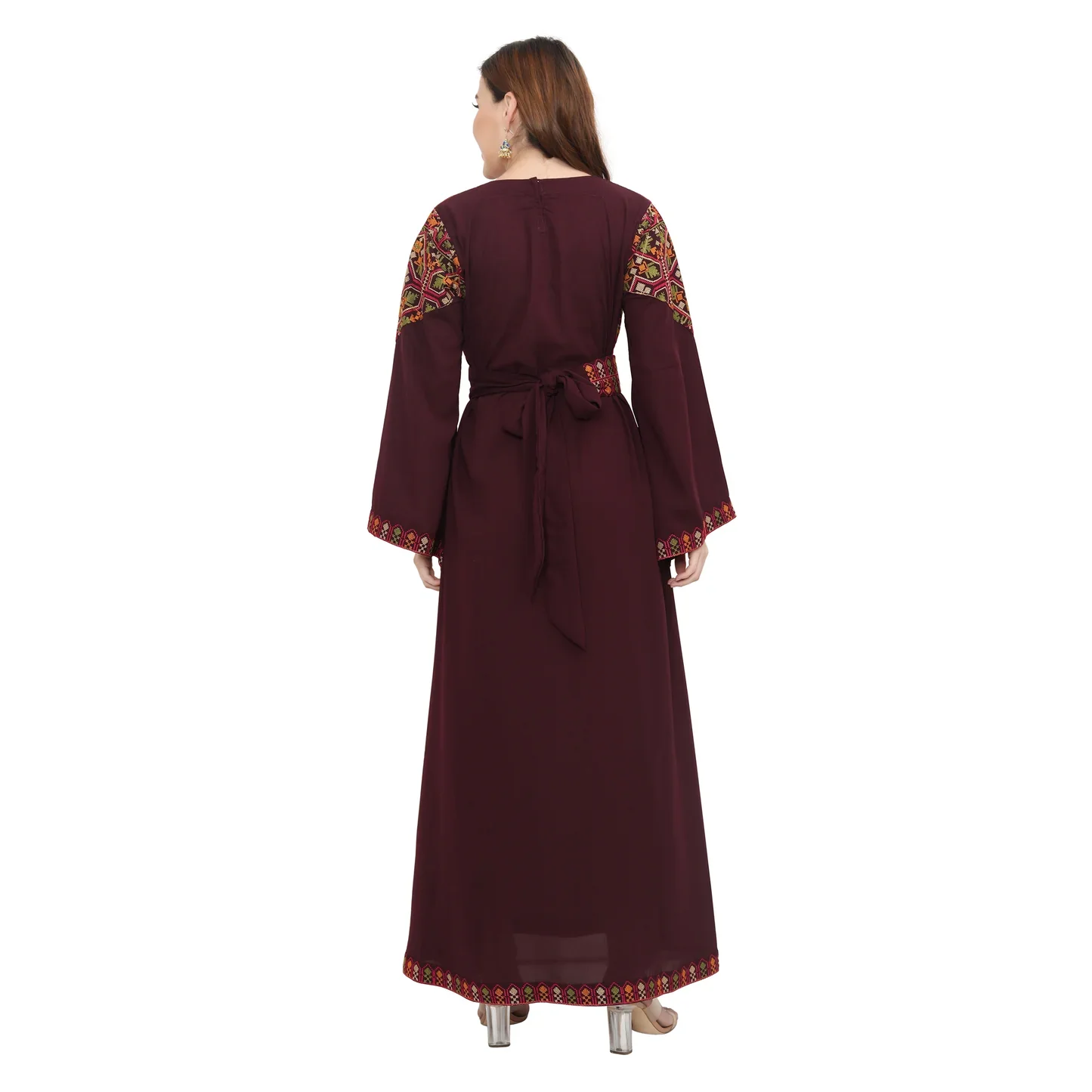 Dark Burgundy Embroidered Khaleeji Thobe Dress with Belt - Image 2