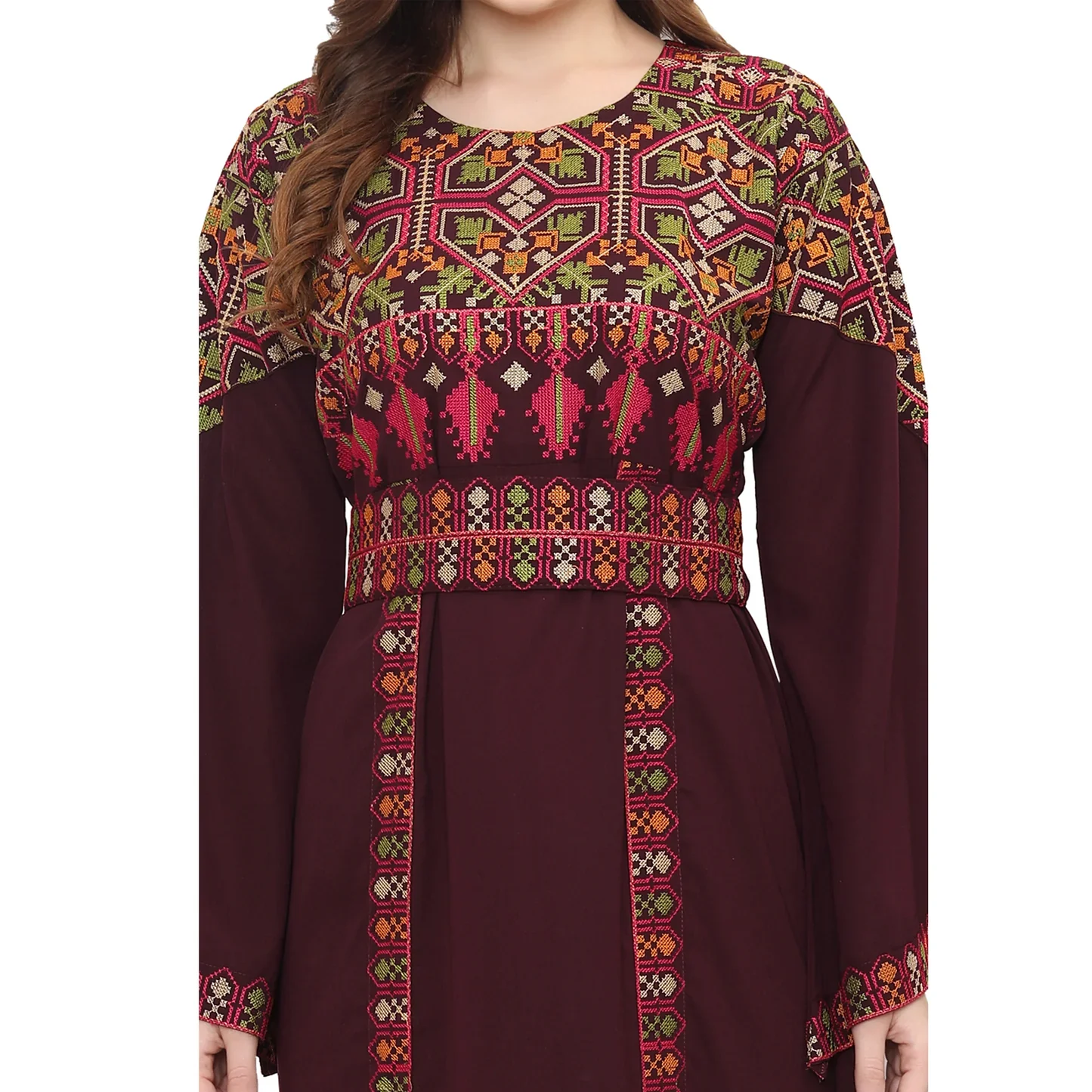 Dark Burgundy Embroidered Khaleeji Thobe Dress with Belt - Image 3