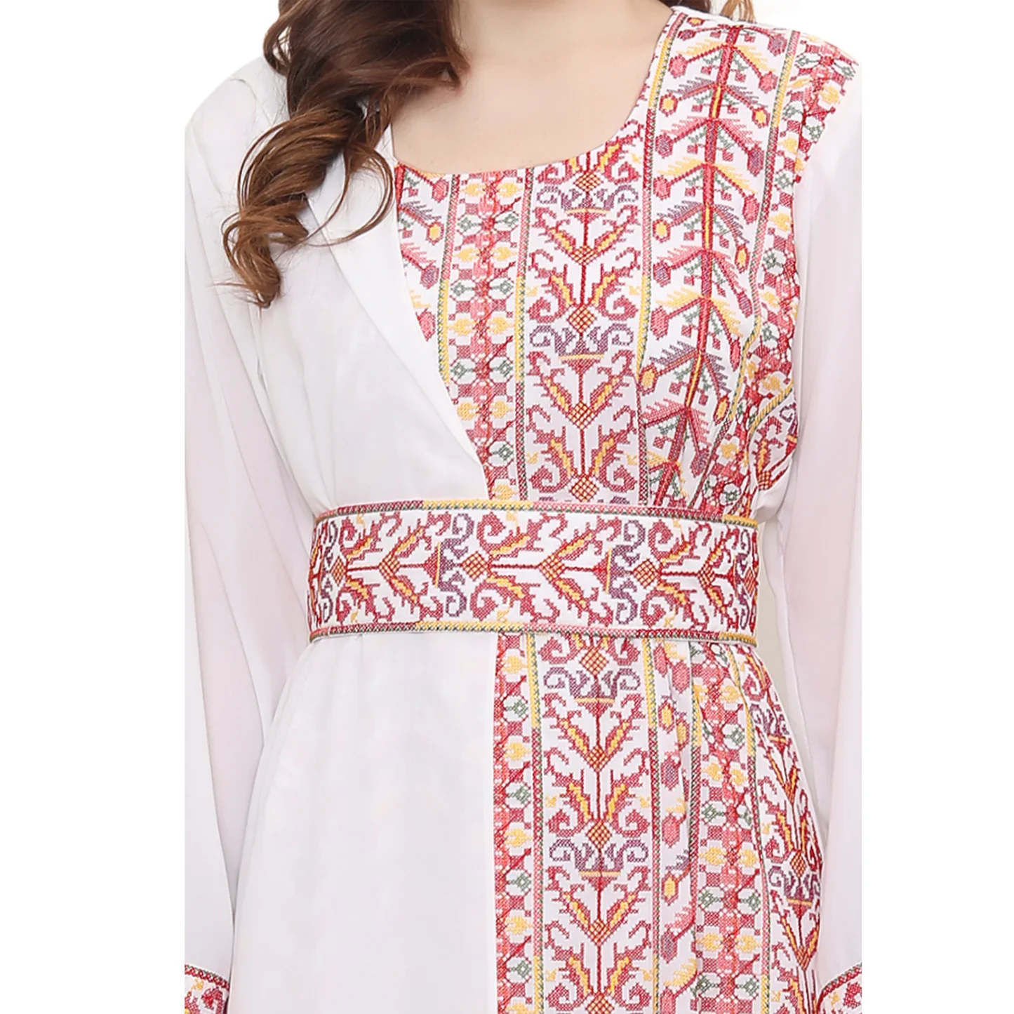 Cream Cross-Stitch Embroidered Georgette Kaftan Dress - Image 3