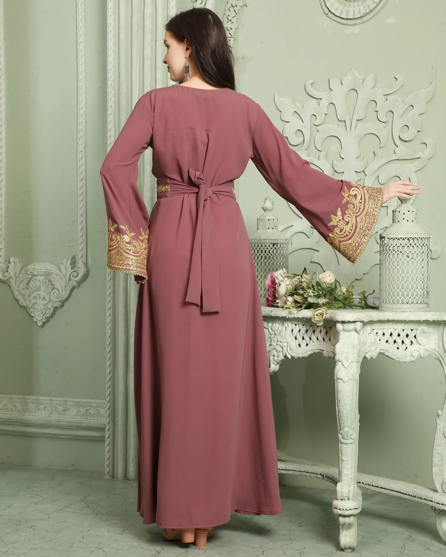 Puce Pink Jalabiya Kaftan with Gold Embroidery and Stone Work - Image 3