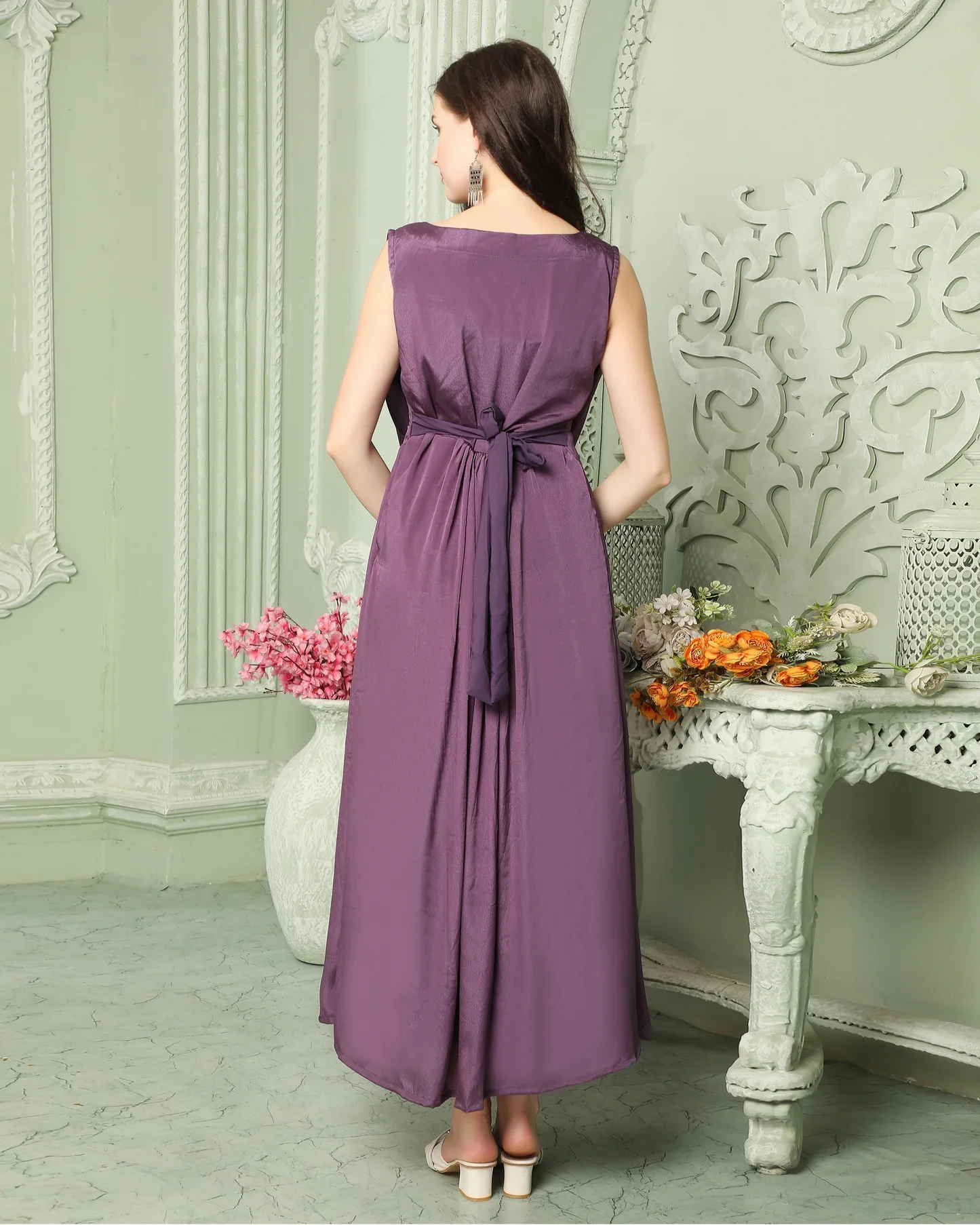 Purple Crepe Silk Party Dress with Attached Waist Belt - Image 2