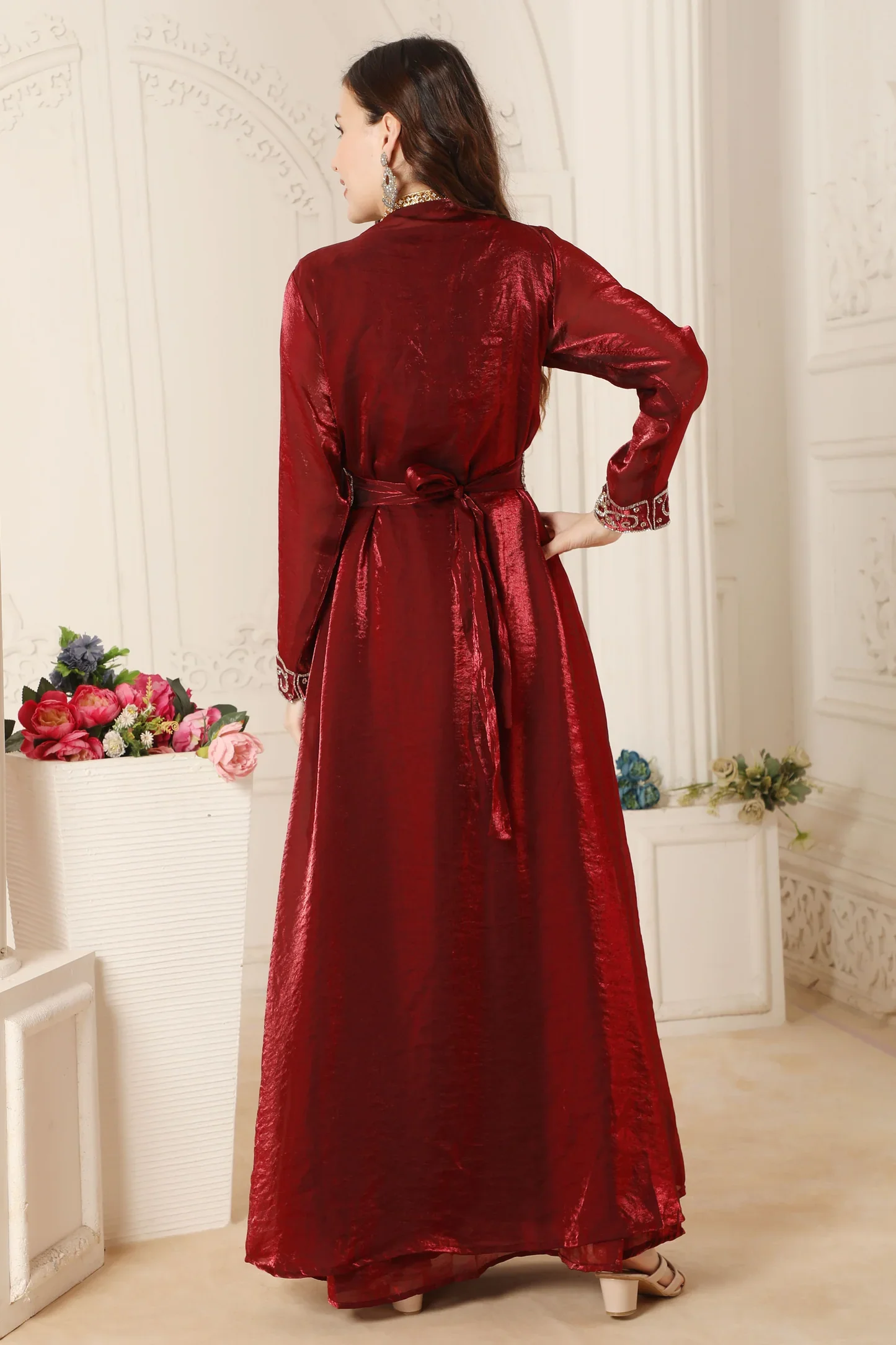 Maroon and Gold Zari Embroidered Front-Open Wedding Gown - Image 2