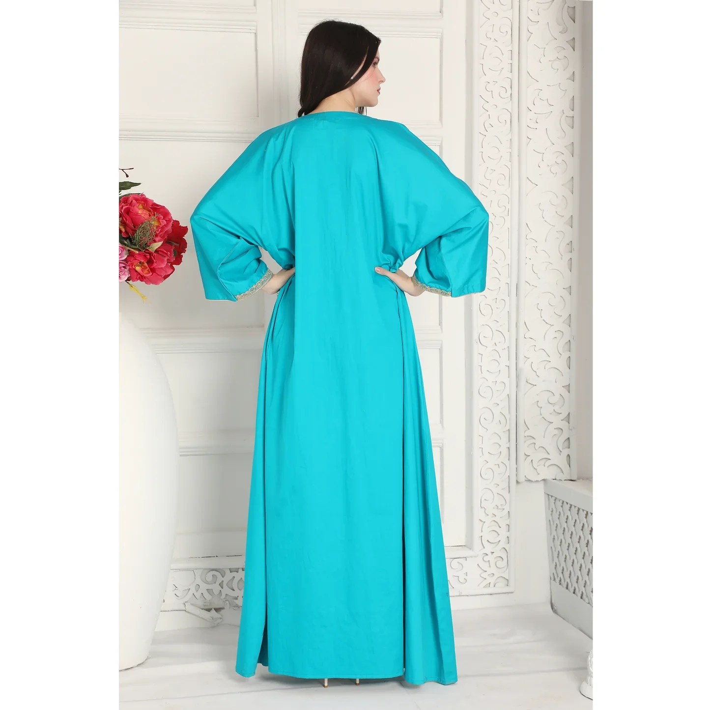 Firozy Blue Arabic Kaftan with Gold Aari Embroidery & Tassels - Image 2