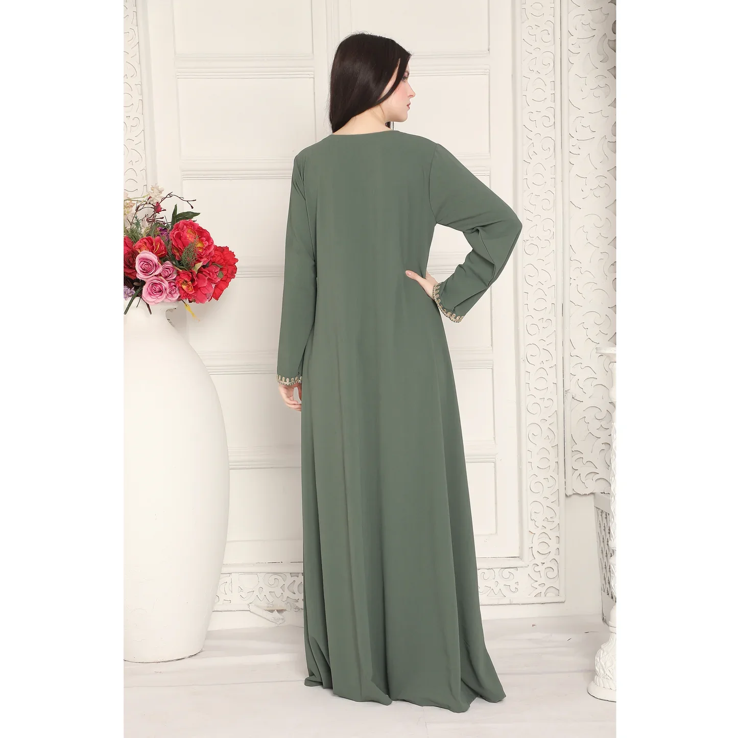 Green Arabic Kaftan Dress with Gold Aari Embroidery - Image 2