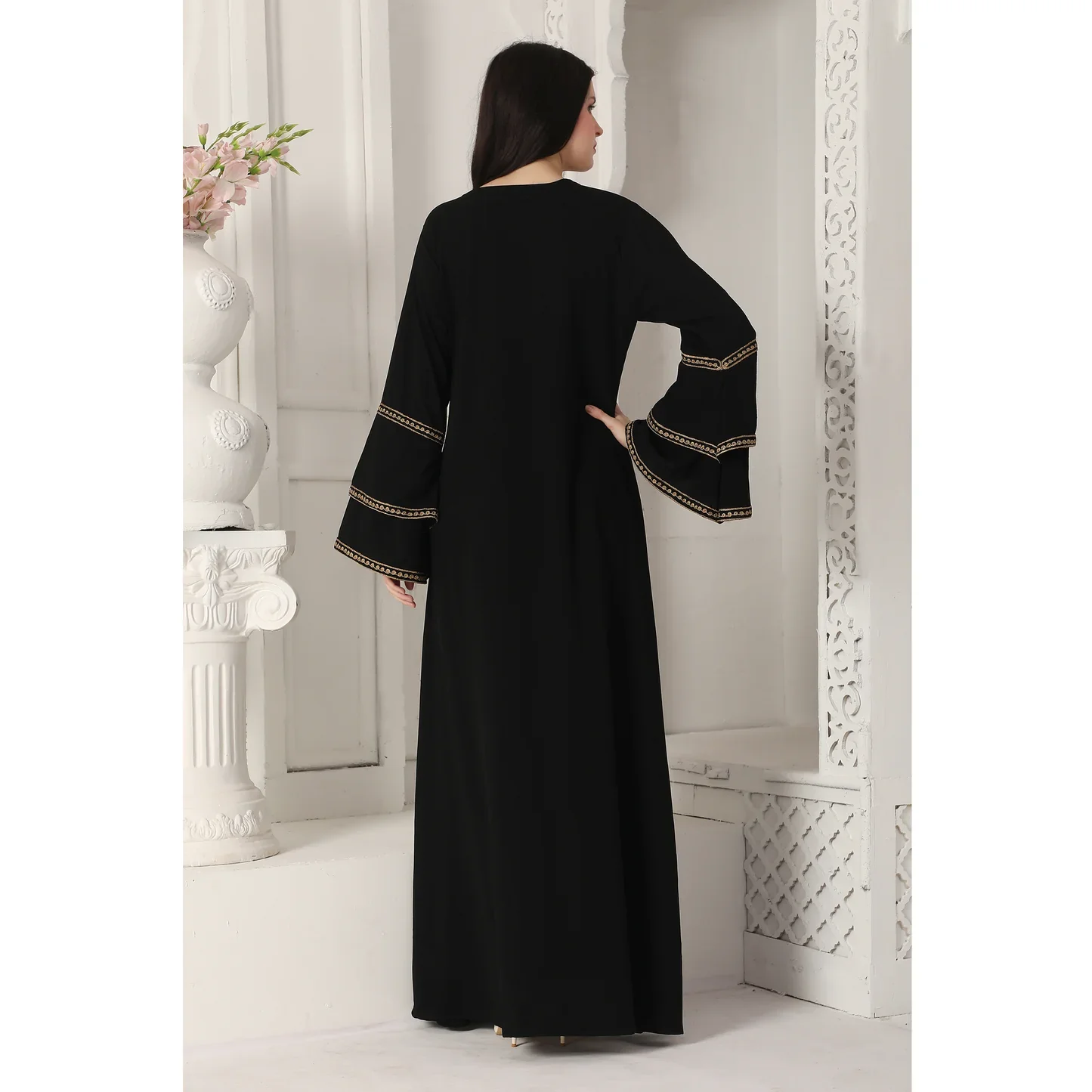 Black Jalabiya Kaftan with Gold Embroidery and Flared Sleeves - Image 2