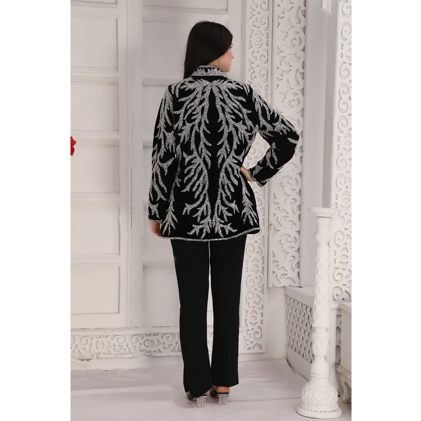 Black Velvet Jacket with Silver Crystal Cut Dana Embroidery - Image 2