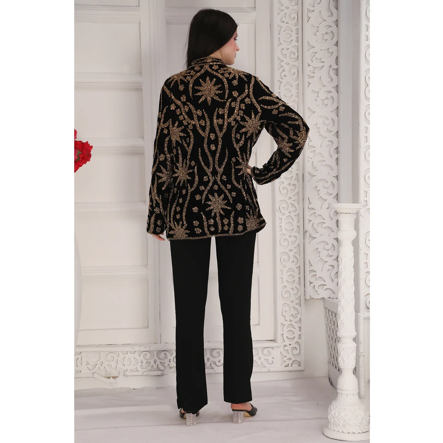 Black Velvet Jacket Top with Golden Cut Dana Embroidery - Image 5