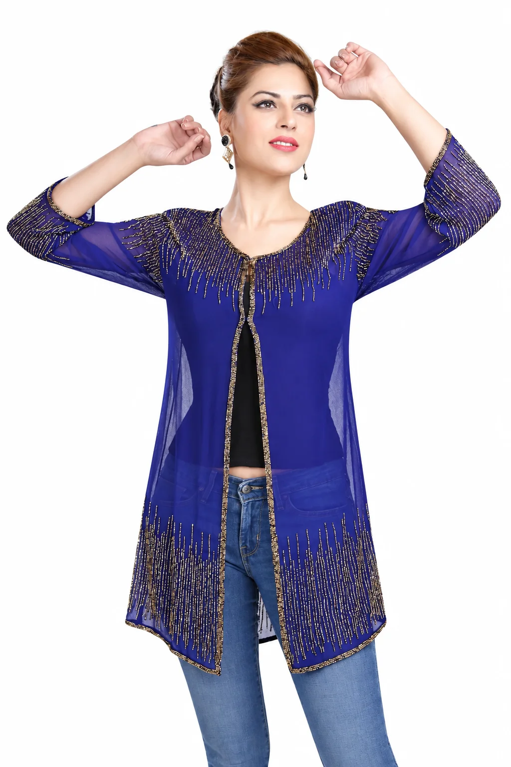 Navy Blue Georgette Party Dress with Golden Hand Embroidery - Image 5