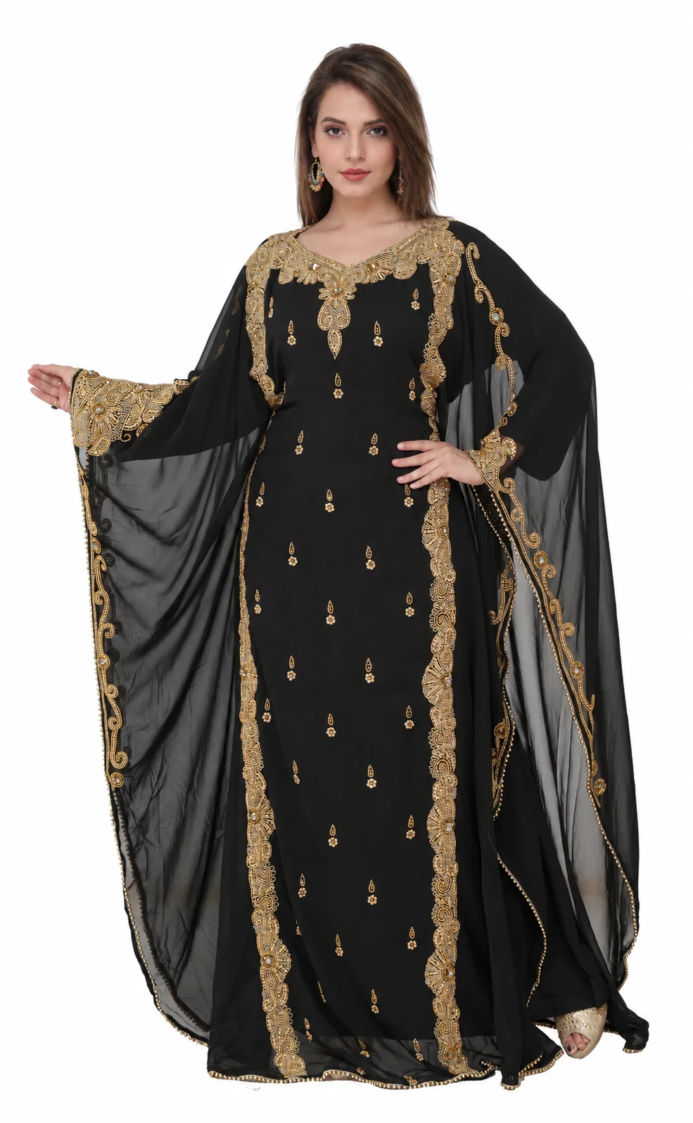 Black Georgette Kaftan with Golden Bead Embroidery