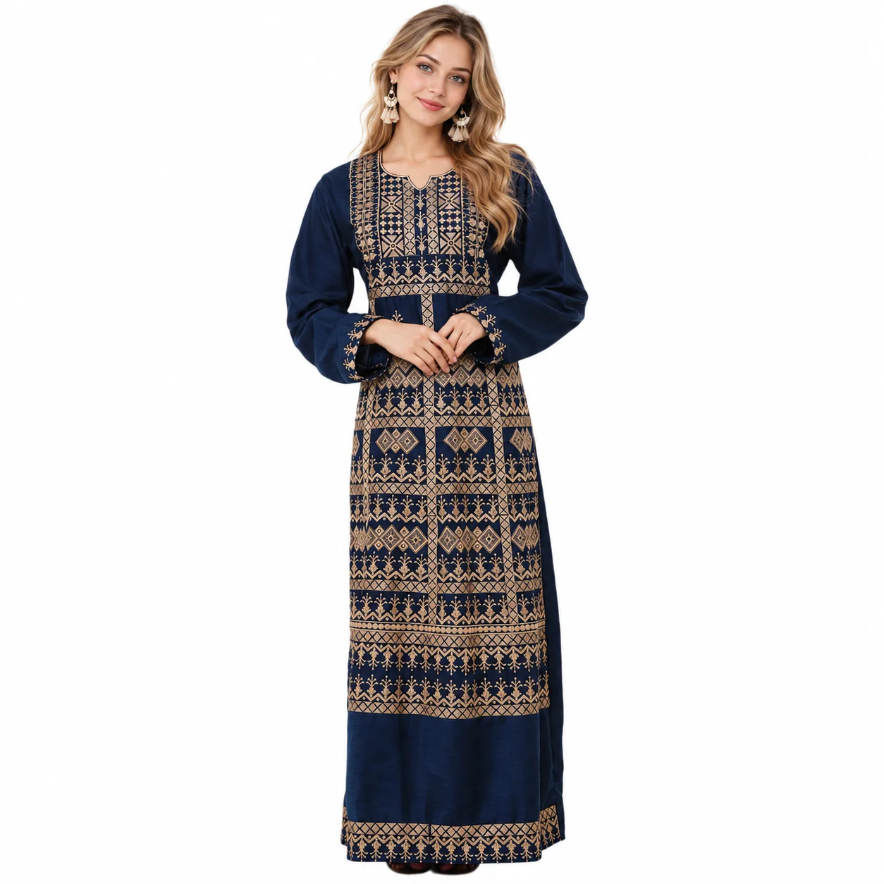 Navy Blue Embroidered Rayon Maxi Dress for Women - Image 4