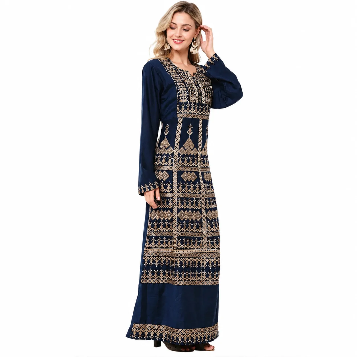 Navy Blue Embroidered Rayon Maxi Dress for Women - Image 5