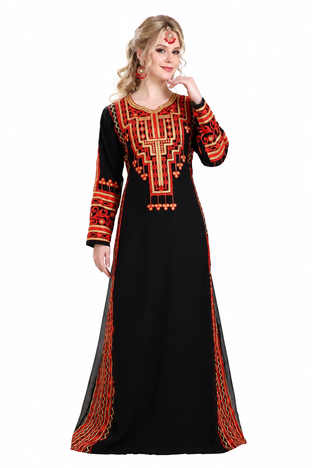 Black Farasha Maxi Dress with Gold & Red Embroidery - Image 2