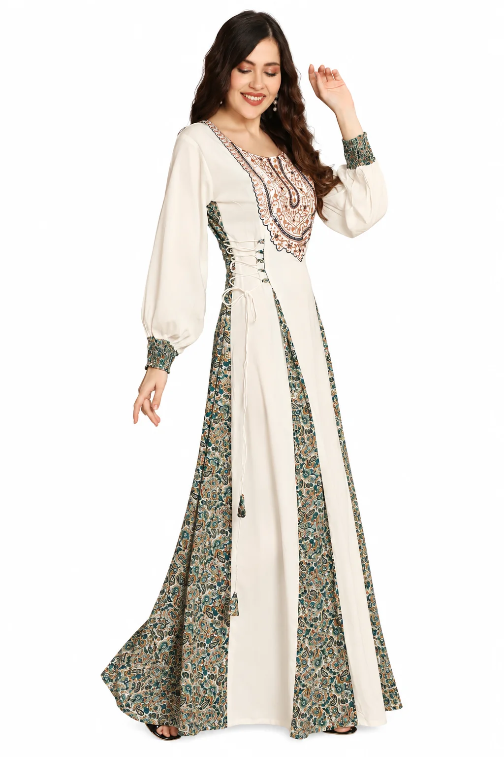 Off-White Kaftan Dress with Gold Embellishments