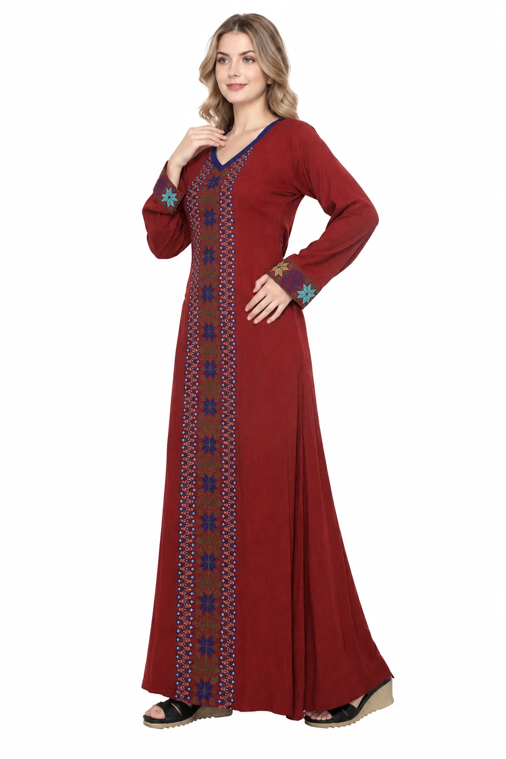 Maroon Rayon Kaftan with Cross-Stitch Embroidery