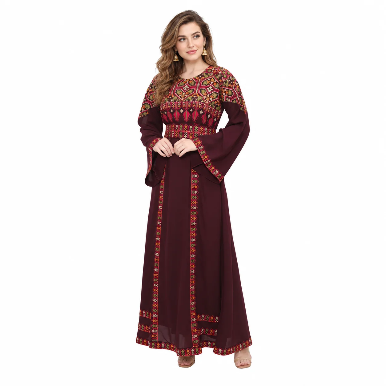 Dark Burgundy Embroidered Khaleeji Thobe Dress with Belt - Image 4