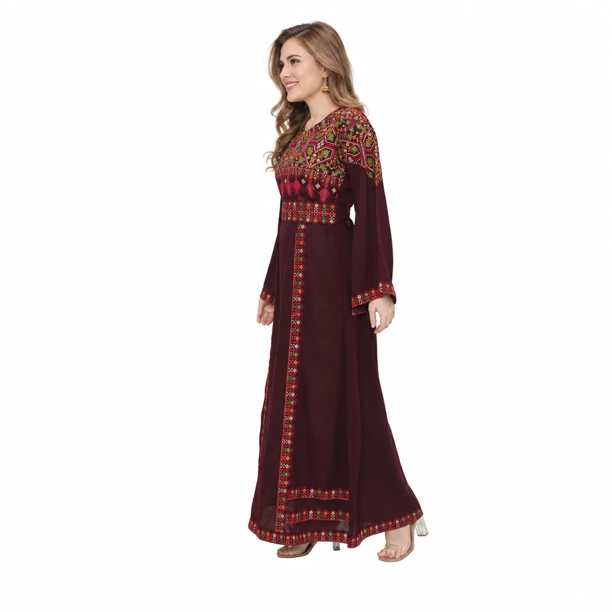 Dark Burgundy Embroidered Khaleeji Thobe Dress with Belt - Image 5