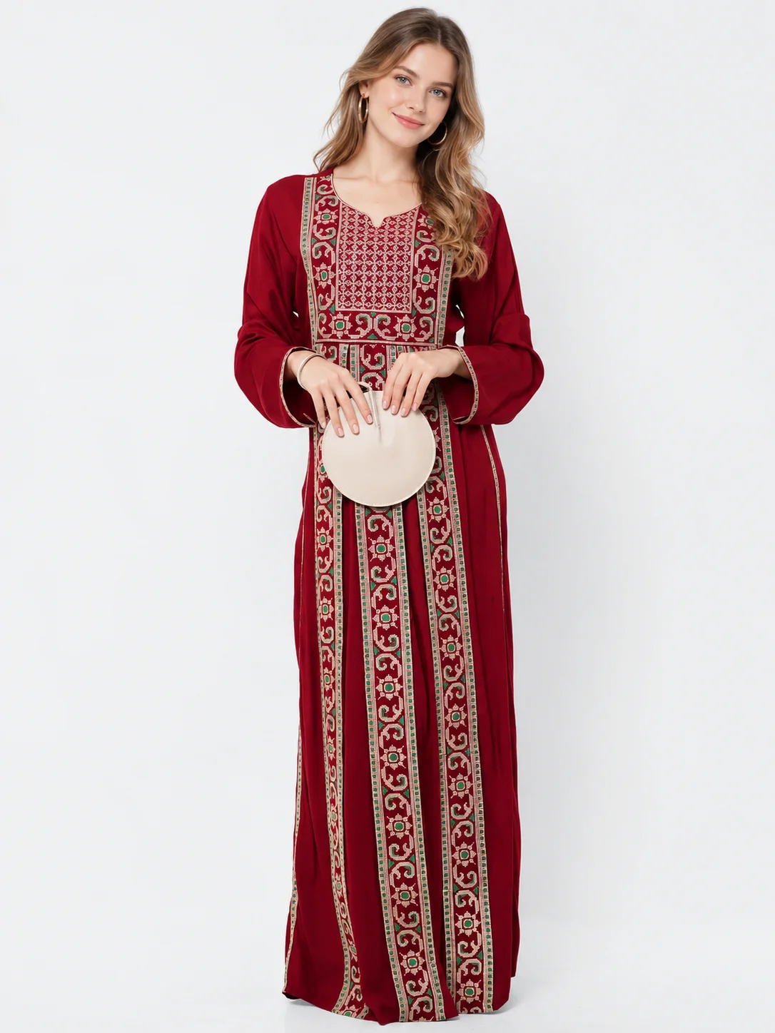Boho-Chic Rayon Maxi Dress with Cross-Stitch Embroidery