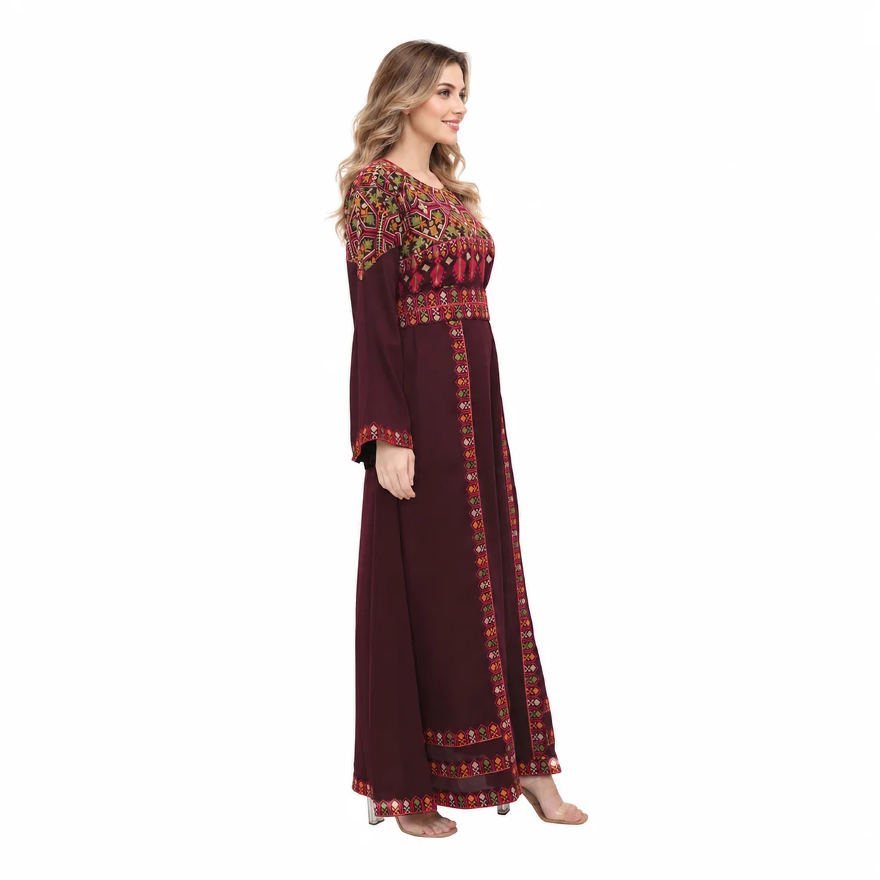 Dark Burgundy Embroidered Khaleeji Thobe Dress with Belt - Image 6