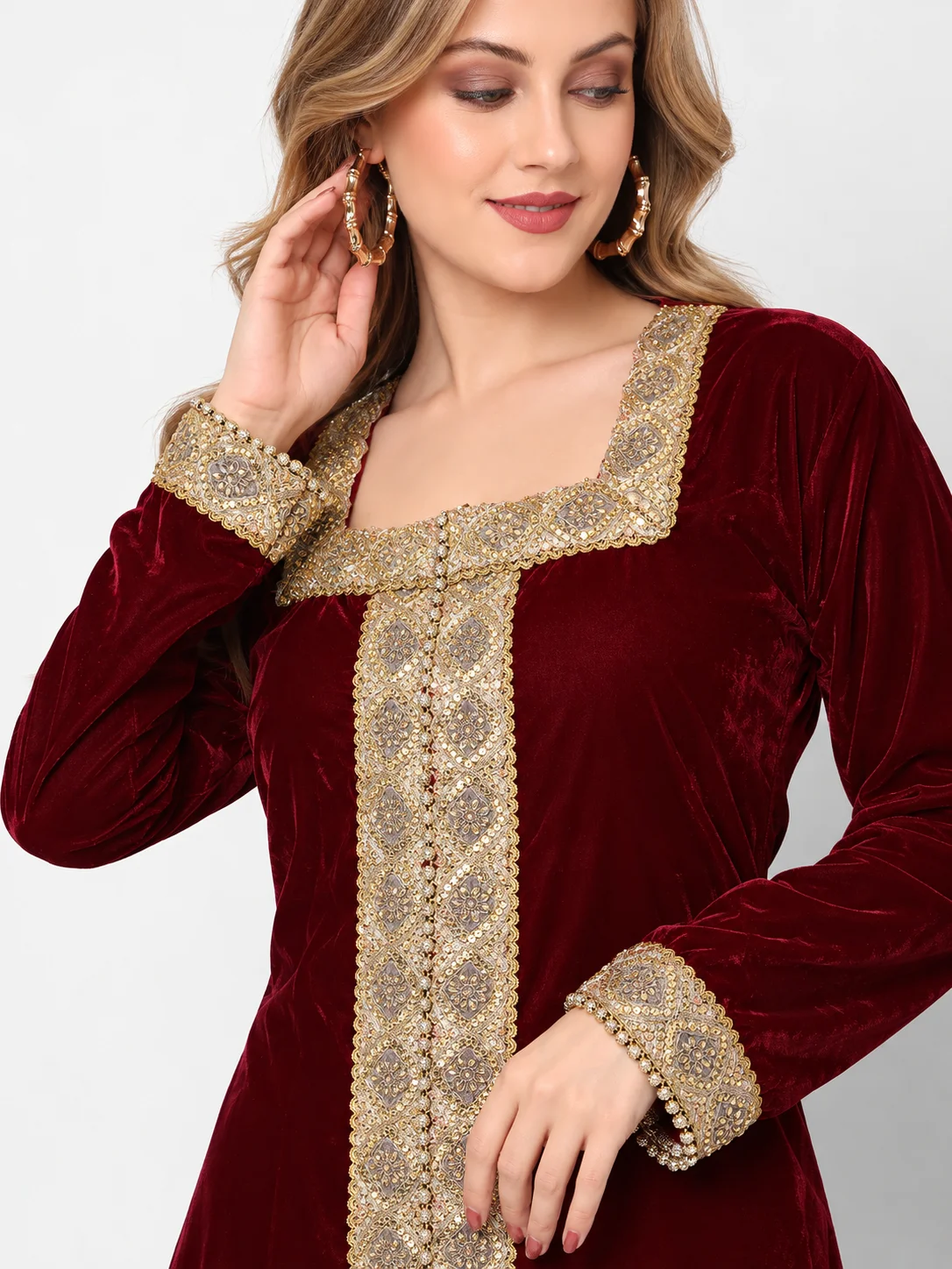 Maroon Velvet Maxi Gown with Golden Lace Embroidery - Image 2