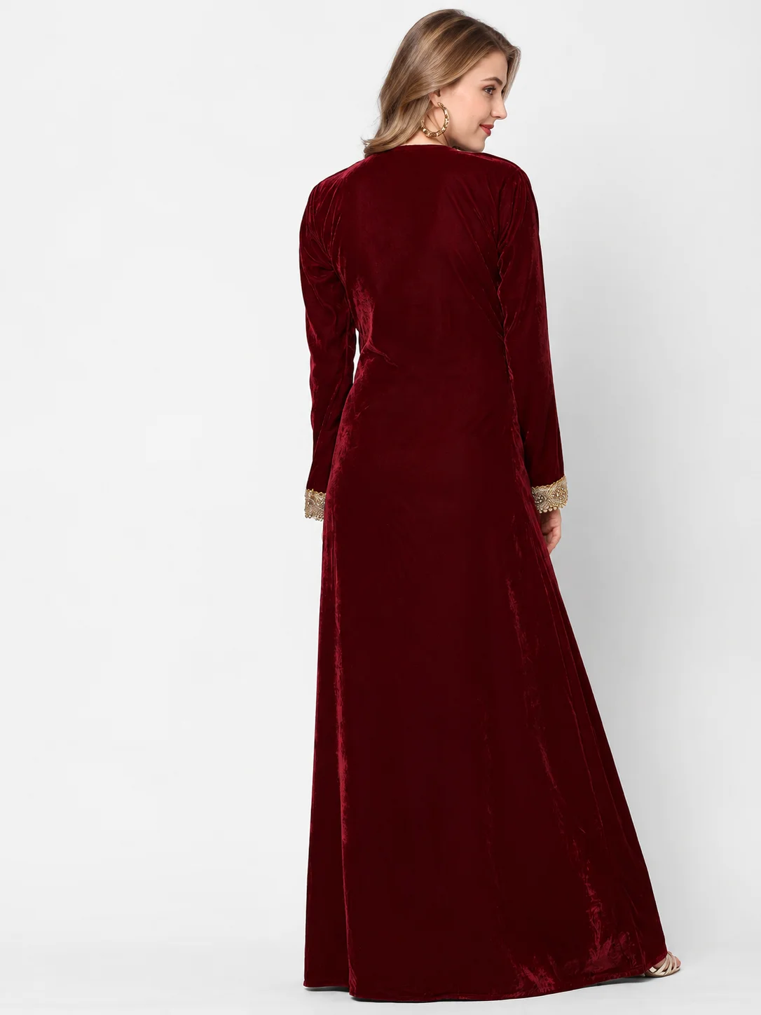 Maroon Velvet Maxi Gown with Golden Lace Embroidery - Image 8