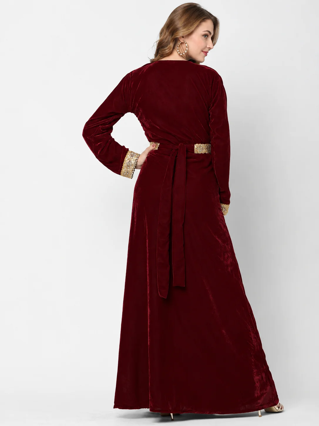 Maroon Velvet Maxi Gown with Golden Lace Embroidery - Image 3